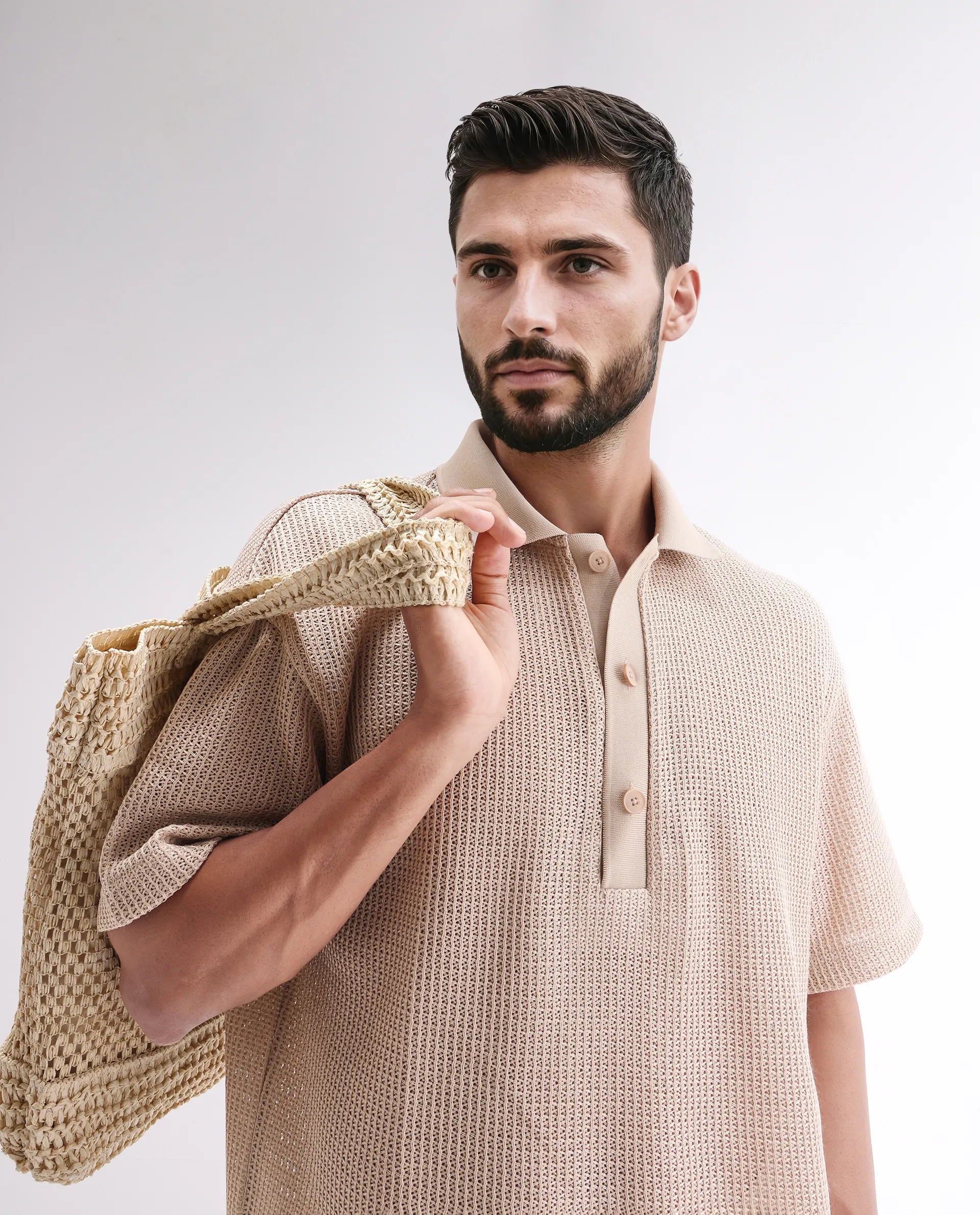 Rare Rabbit Men's Lbiza Beige Cotton Plain Regular Fit Half Sleeve Collared Shirt