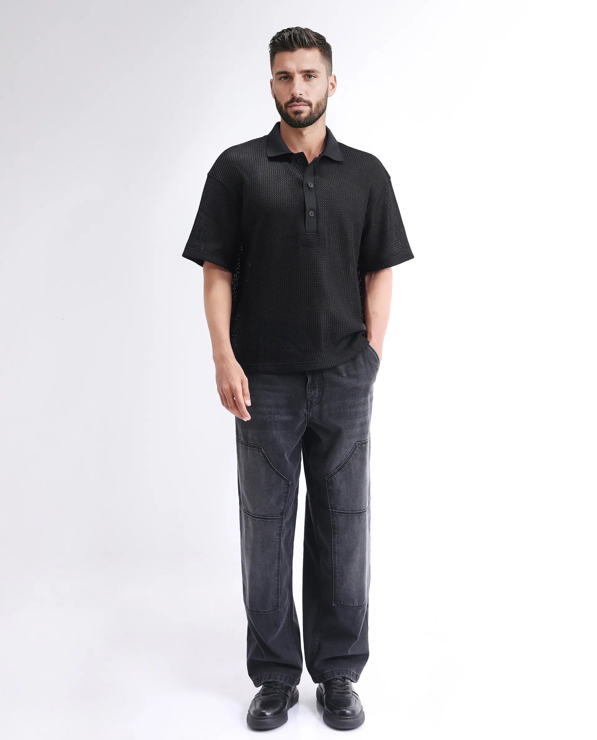 Rare Rabbit Men's Lbiza Black Cotton Plain Regular Fit Full Sleeve Collared Shirt