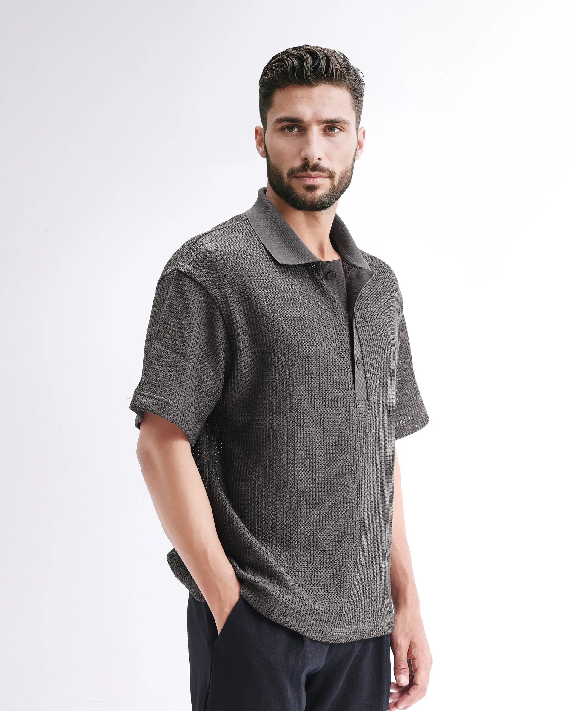 Rare Rabbit Men's Lbiza Dark Grey Cotton Plain Regular Fit Half Sleeve Collared Shirt