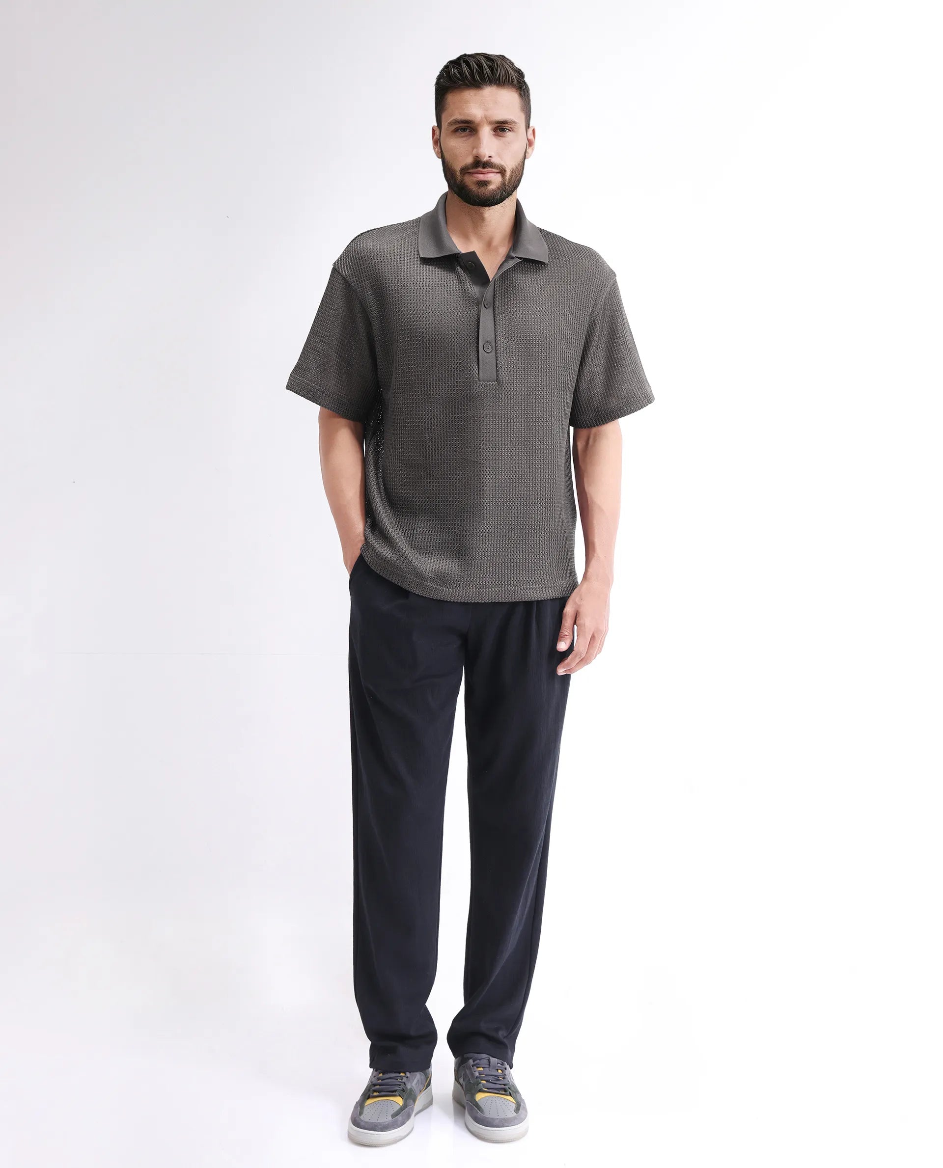 Rare Rabbit Men's Lbiza Dark Grey Cotton Plain Regular Fit Half Sleeve Collared Shirt