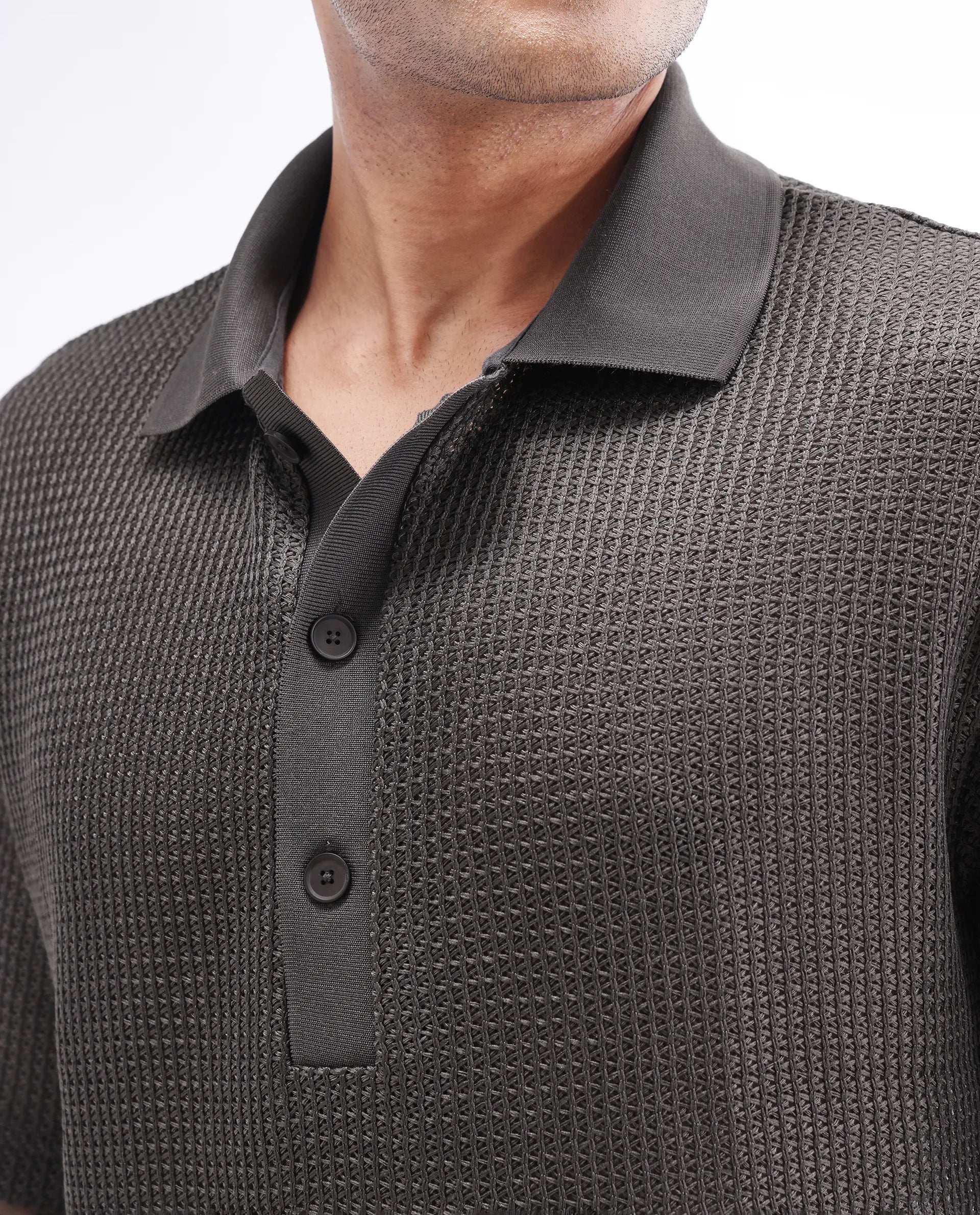 Rare Rabbit Men's Lbiza Dark Grey Cotton Plain Regular Fit Half Sleeve Collared Shirt