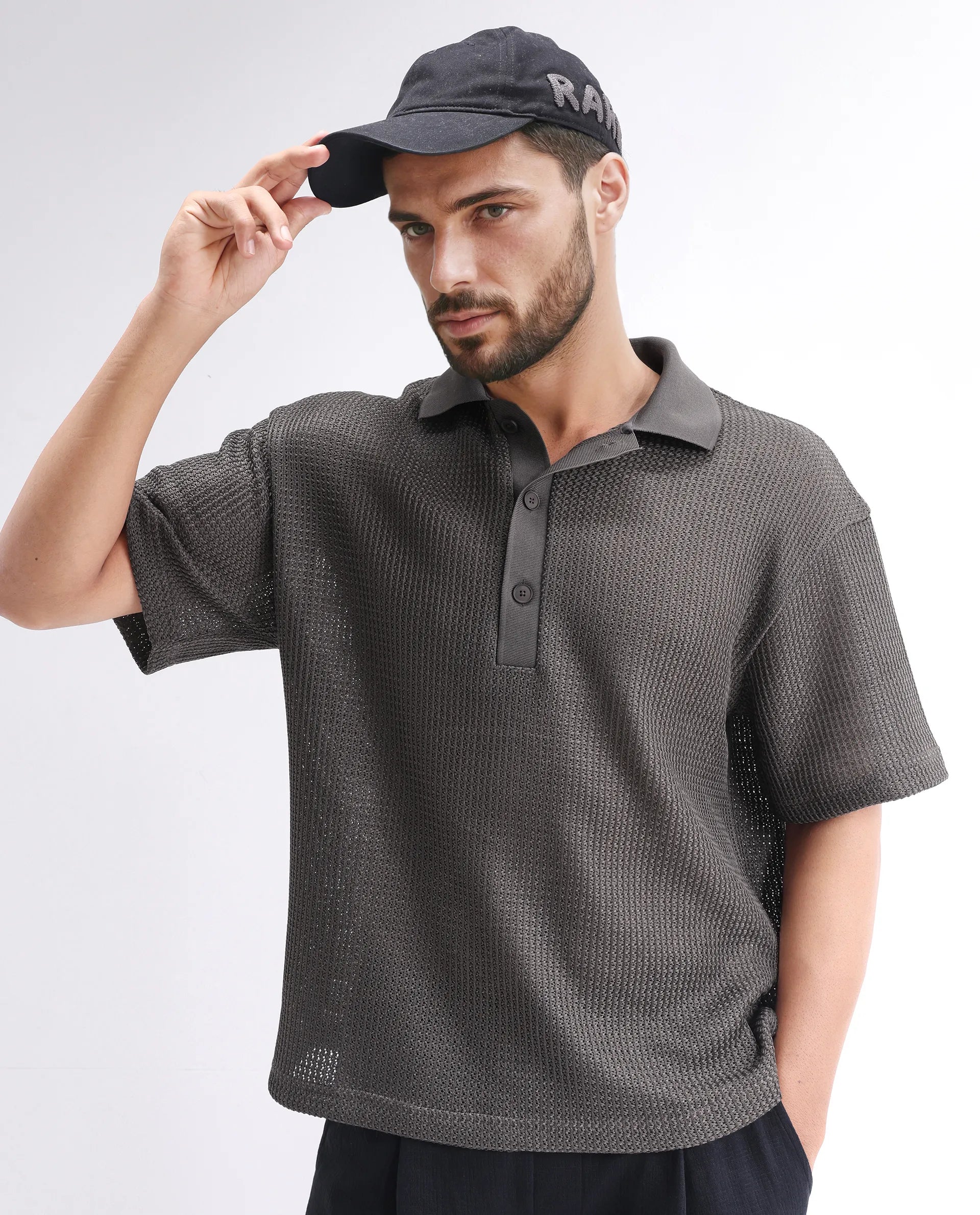 Rare Rabbit Men's Lbiza Dark Grey Cotton Plain Regular Fit Half Sleeve Collared Shirt
