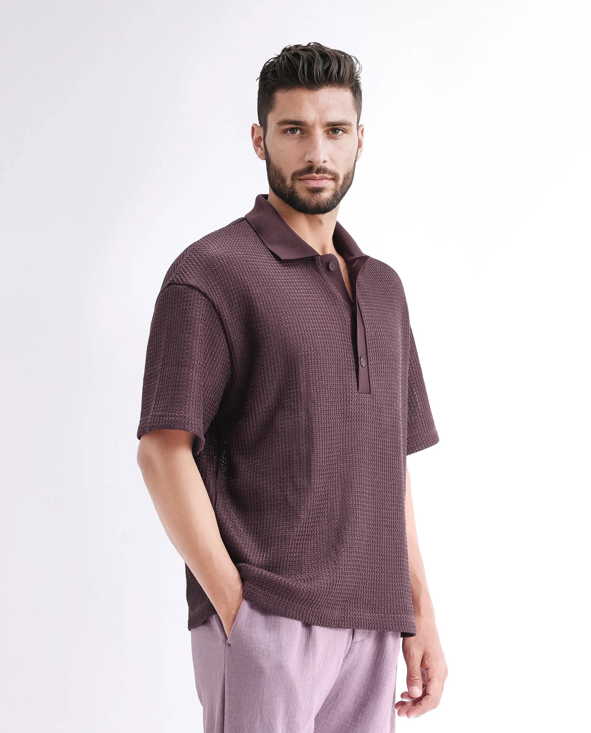 Rare Rabbit Men's Lbiza Maroon Cotton Plain Regular Fit Half Sleeve Collared Shirt