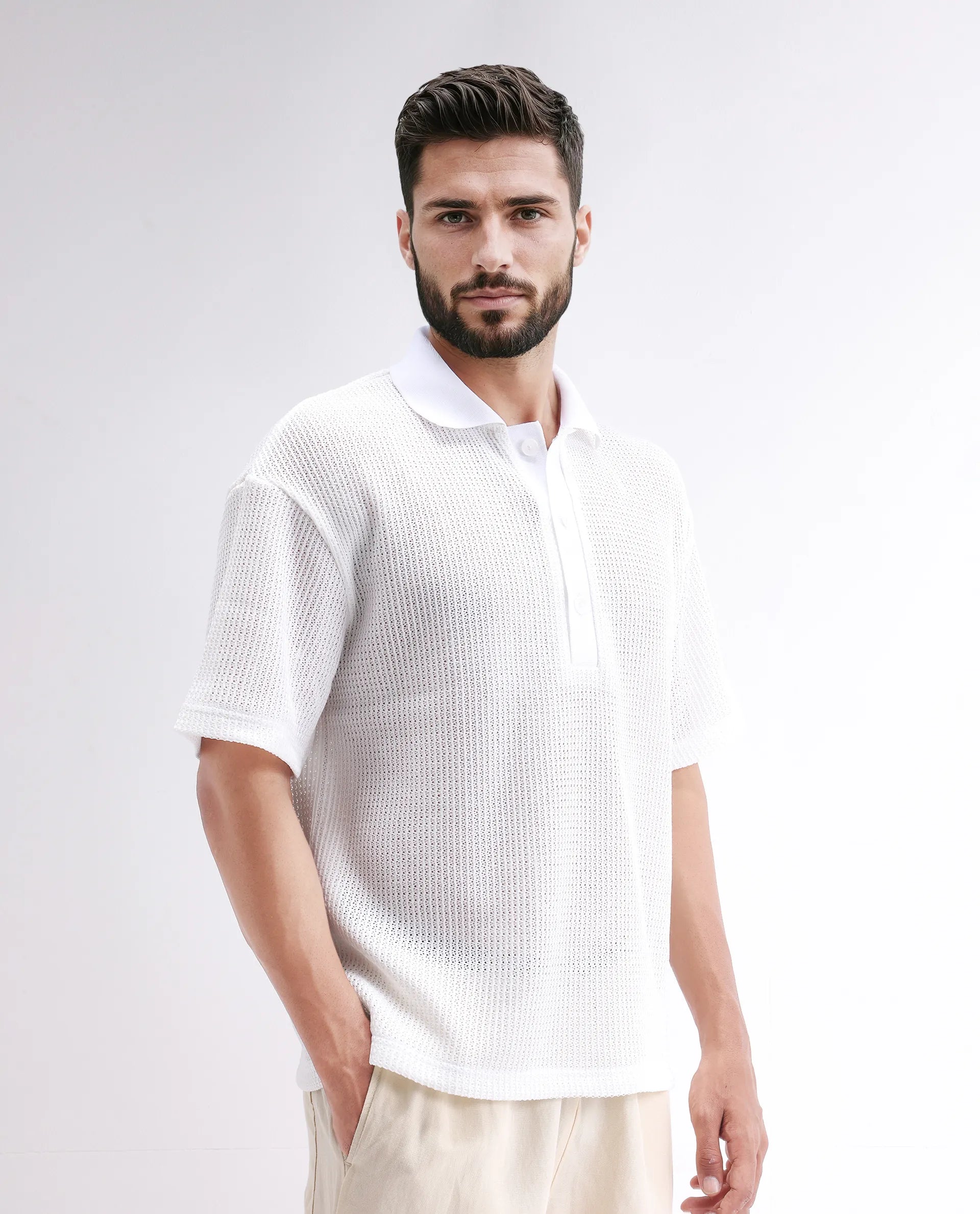 Rare Rabbit Men's Lbiza White Cotton Plain Regular Fit Half Sleeve Collared Shirt