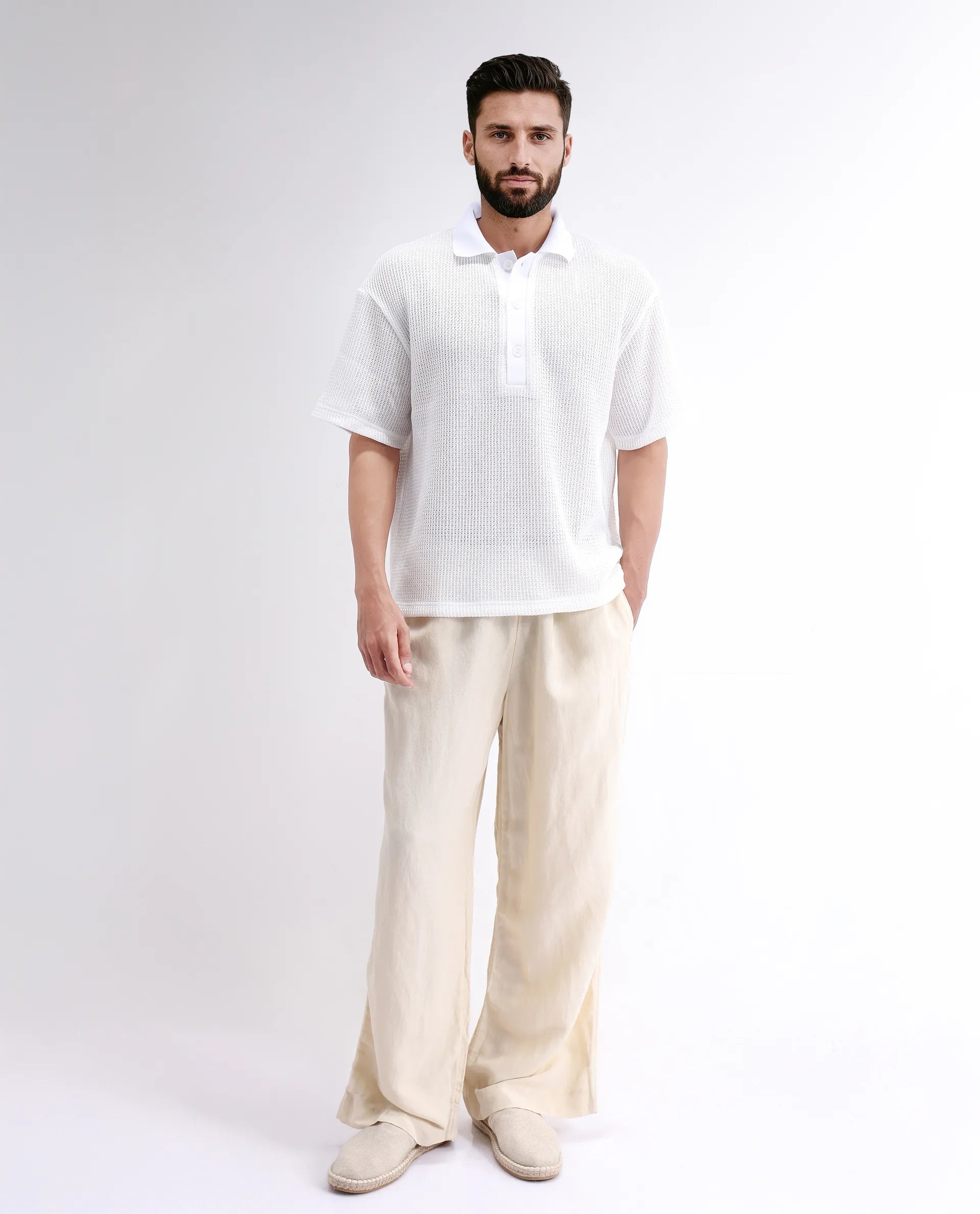 Rare Rabbit Men's Lbiza White Cotton Plain Regular Fit Half Sleeve Collared Shirt