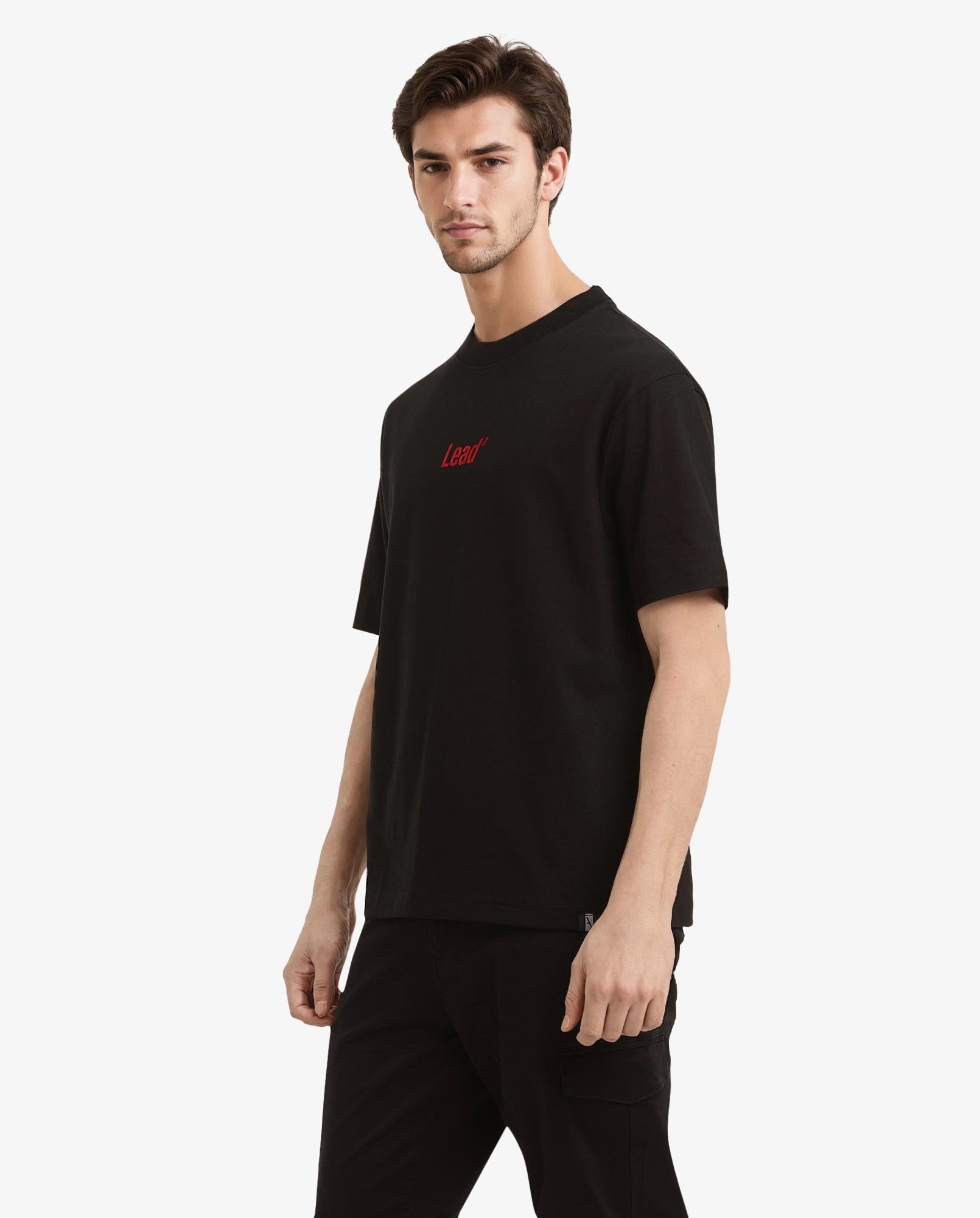 Rare Rabbit Men Lea Black Cotton Fabric Short Sleeve Crew Neck Oversized Fit Graphic Flock Print T-Shirt