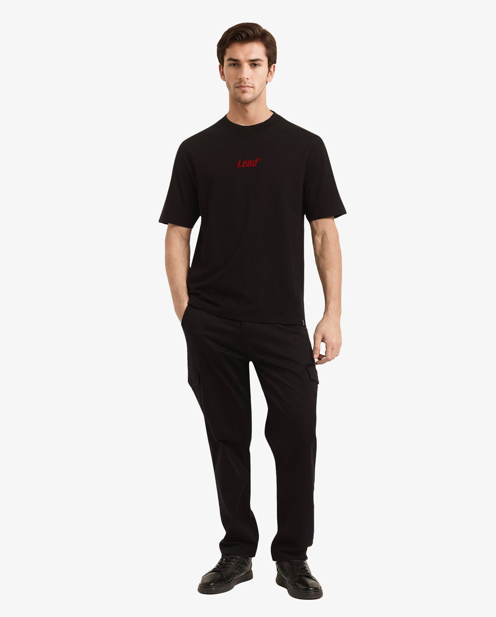 Rare Rabbit Men Lea Black Cotton Fabric Short Sleeve Crew Neck Oversized Fit Graphic Flock Print T-Shirt