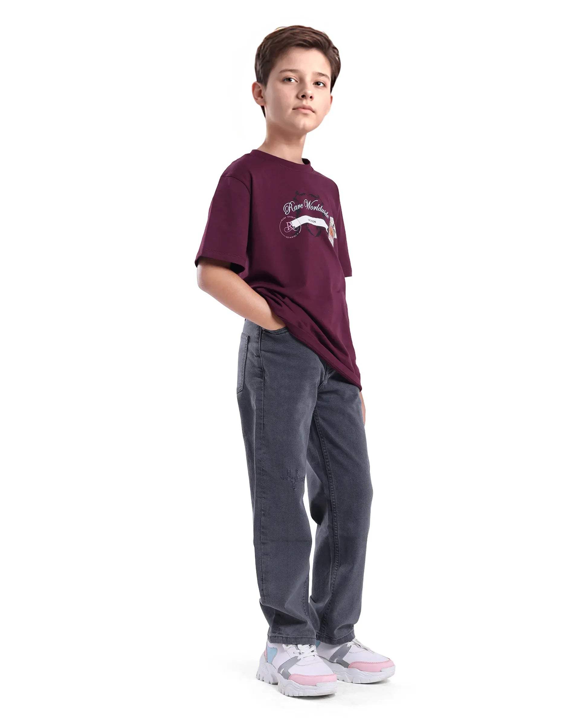 Rare Ones Kids Lea Grey Cotton Solid Button And Zip Closure Wide Leg Fit Jeans