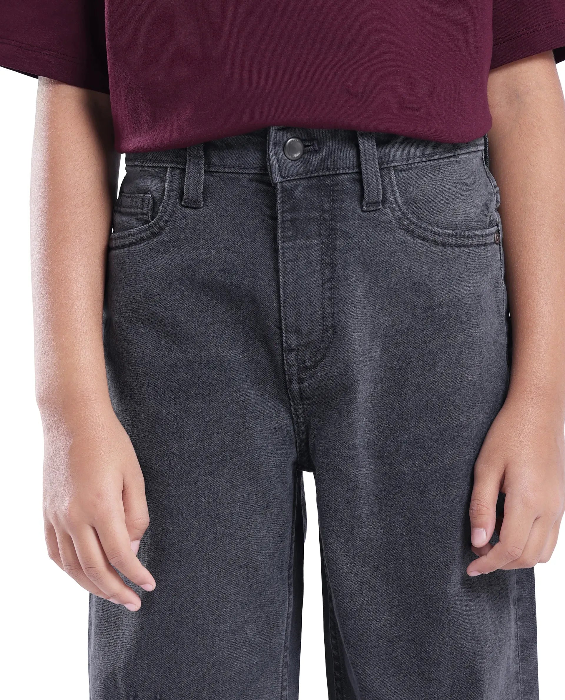 Rare Ones Kids Lea Grey Cotton Solid Button And Zip Closure Wide Leg Fit Jeans