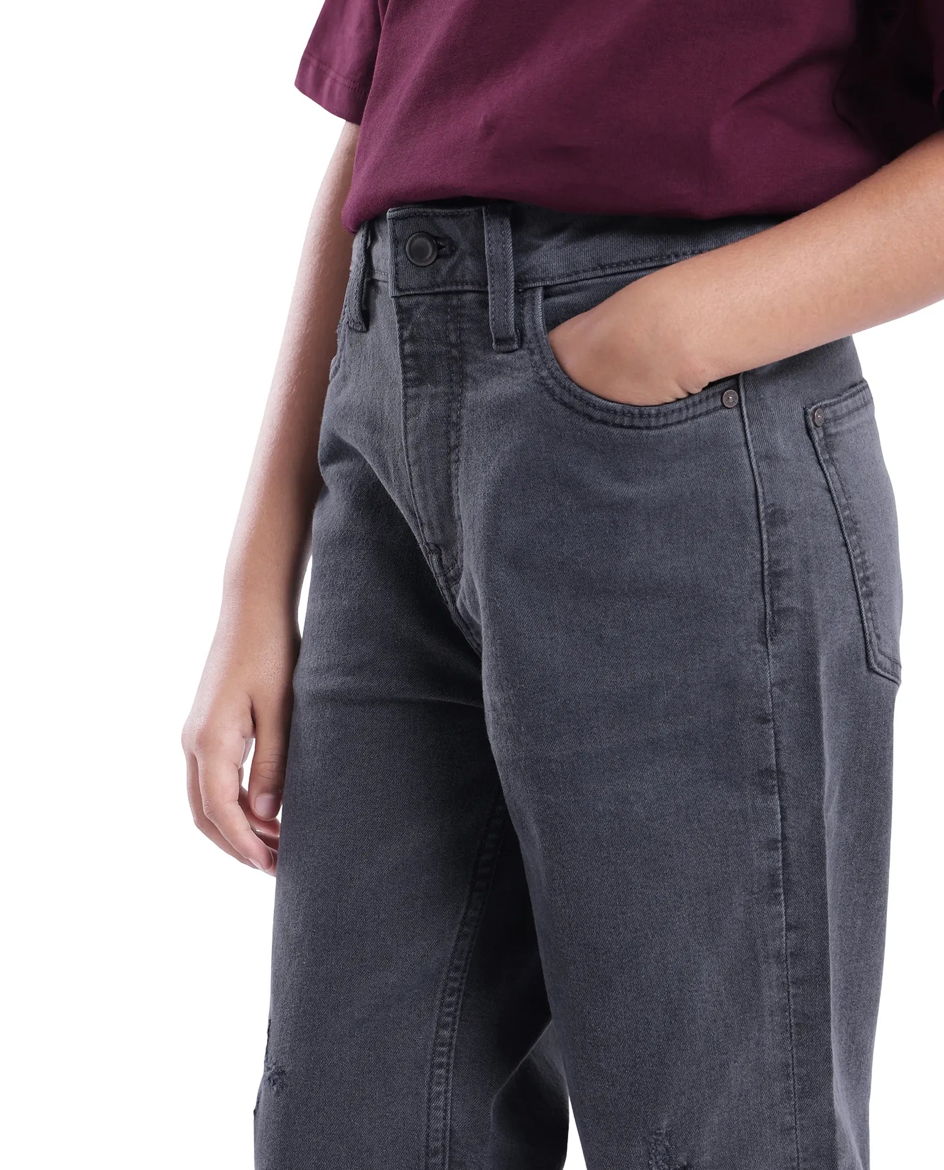 Rare Ones Kids Lea Grey Cotton Solid Button And Zip Closure Wide Leg Fit Jeans