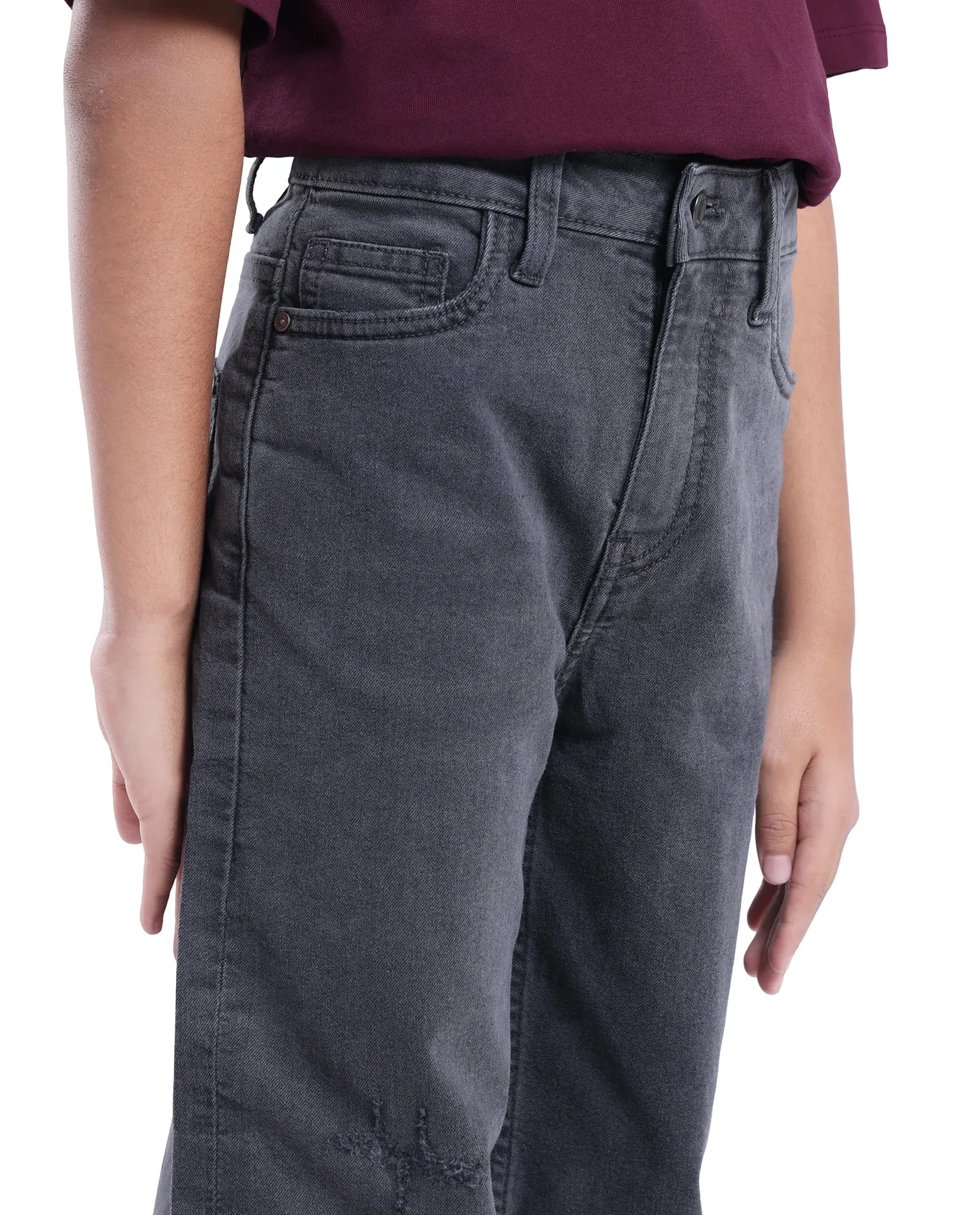 Rare Ones Kids Lea Grey Cotton Solid Button And Zip Closure Wide Leg Fit Jeans