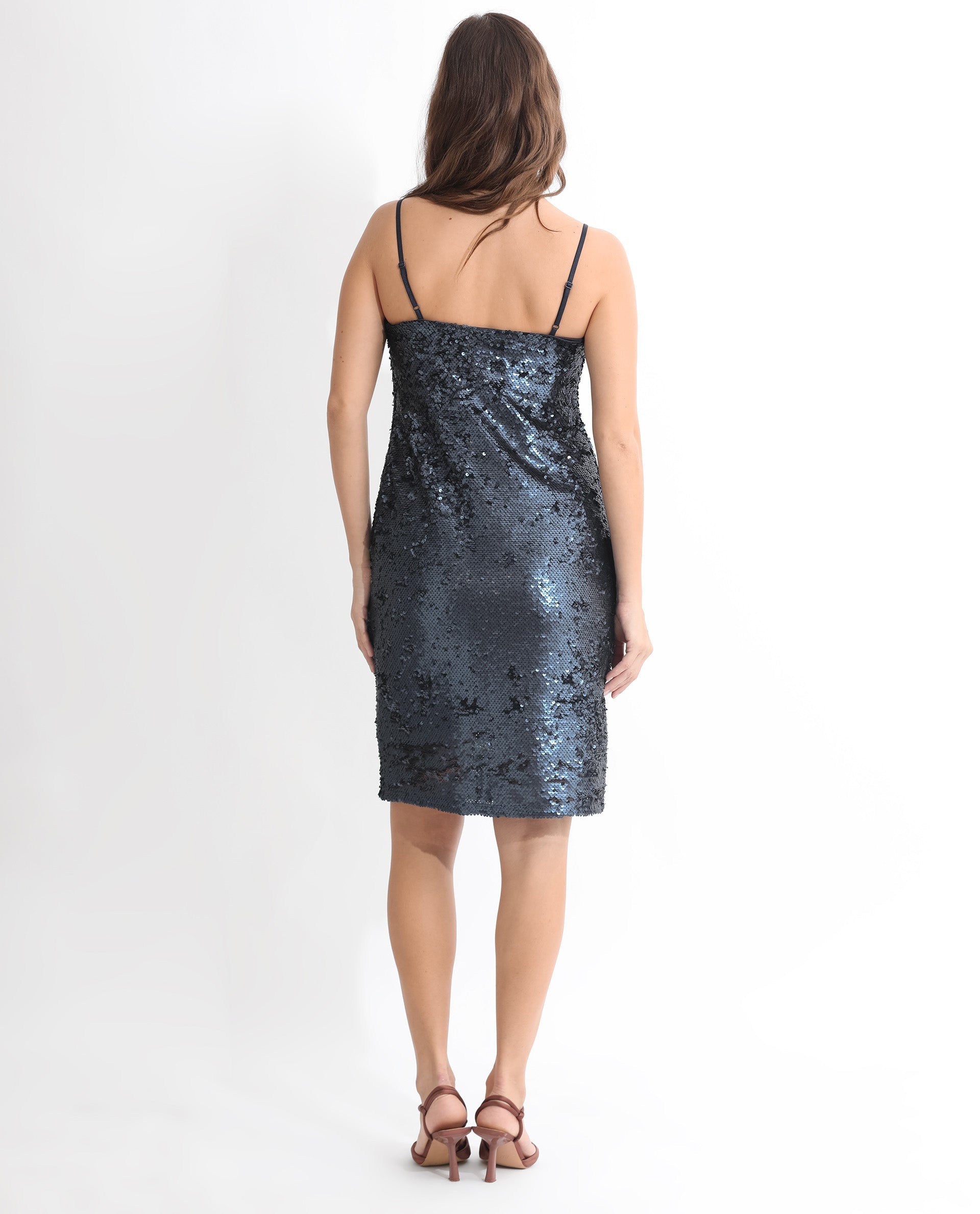 Rareism Women Leah Sheen Blue Cowl Neck Spaghetti Straps Sequin Bodycon Mini Dress
