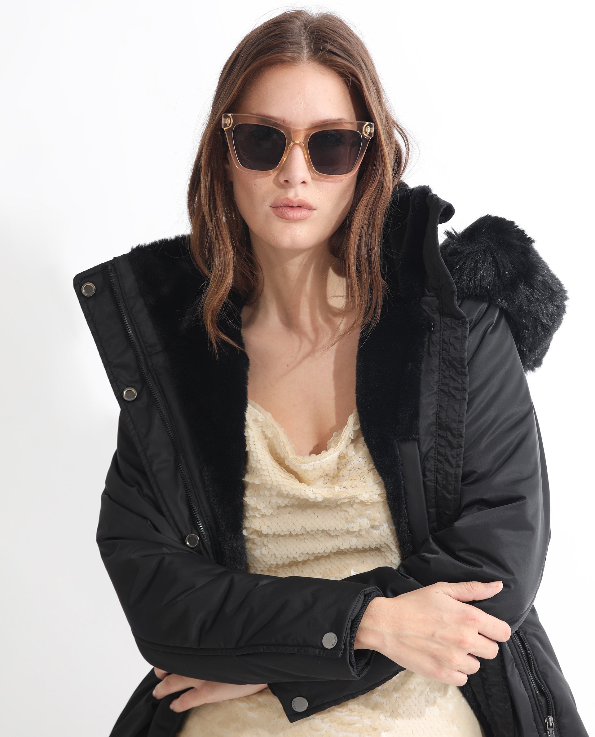 Rareism Women Leah Sheen Off White Polyester Fabric Sleeveless Shoulder Straps Regular Fit Sequined Knee Length Empire Dress