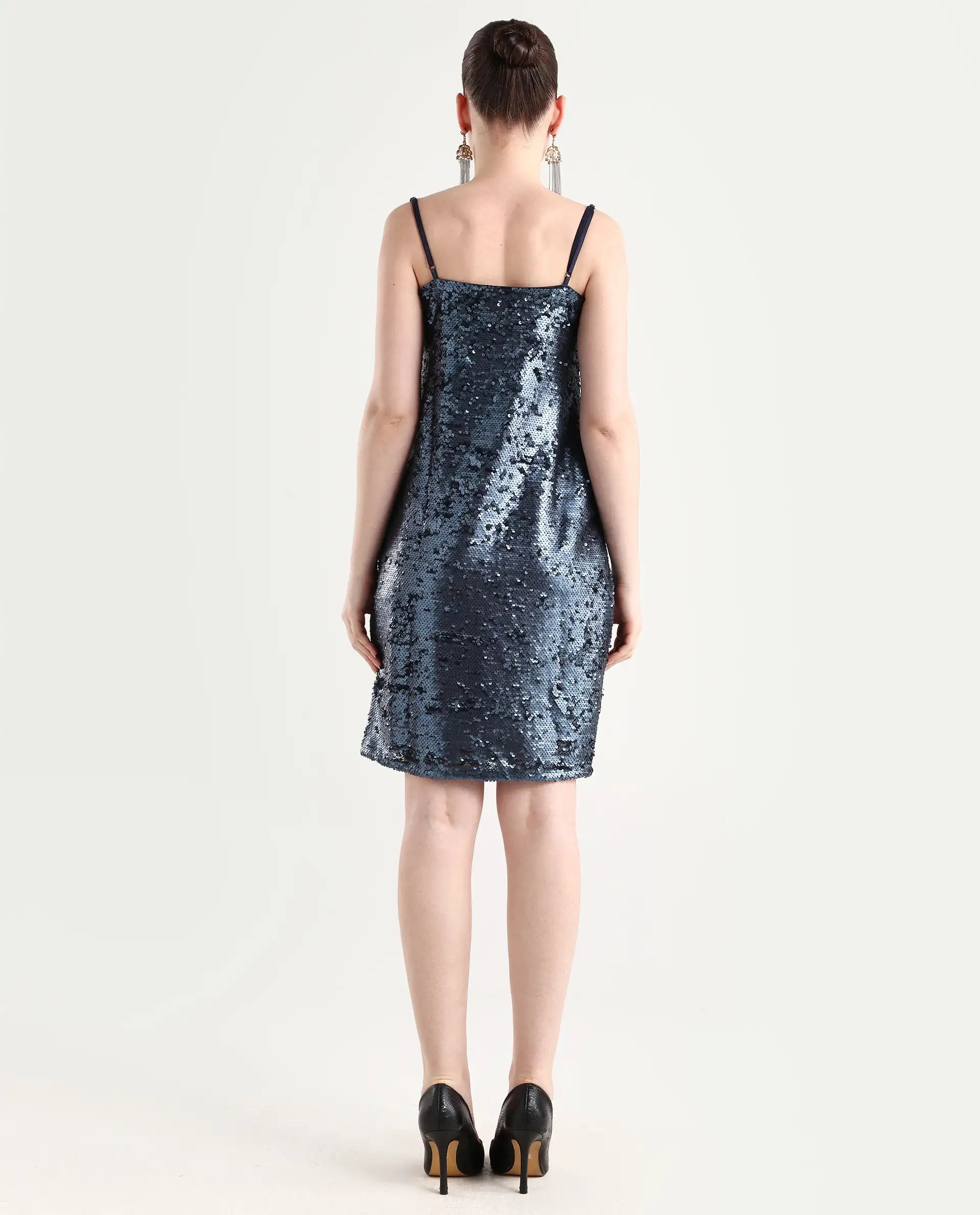 Rareism Women's Leah Sheen Blue Polyester Shoulder Strap Sequined Shoulder Strap Knee Length Regular Fit Dress