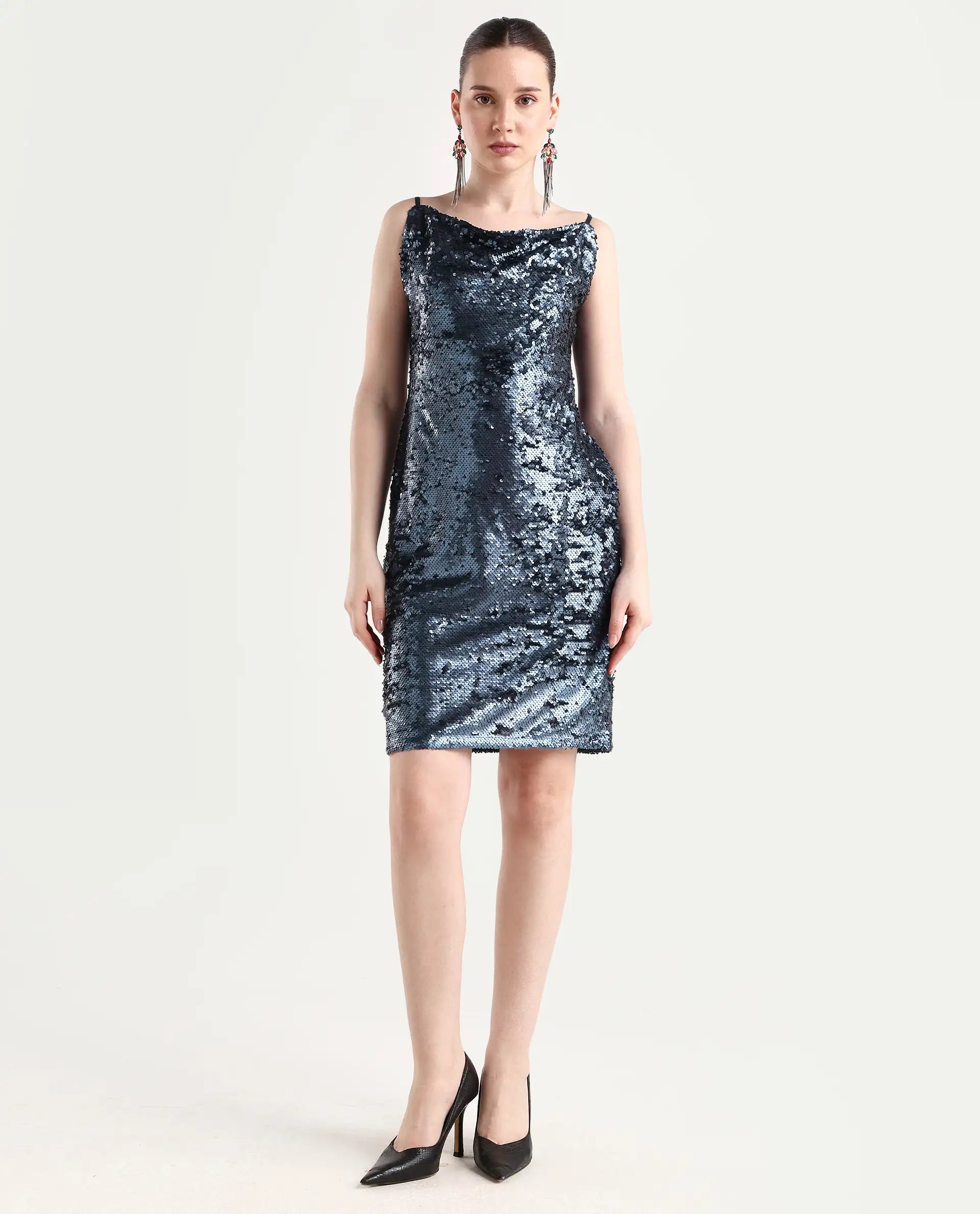 Rareism Women's Leah Sheen Blue Polyester Shoulder Strap Sequined Shoulder Strap Knee Length Regular Fit Dress
