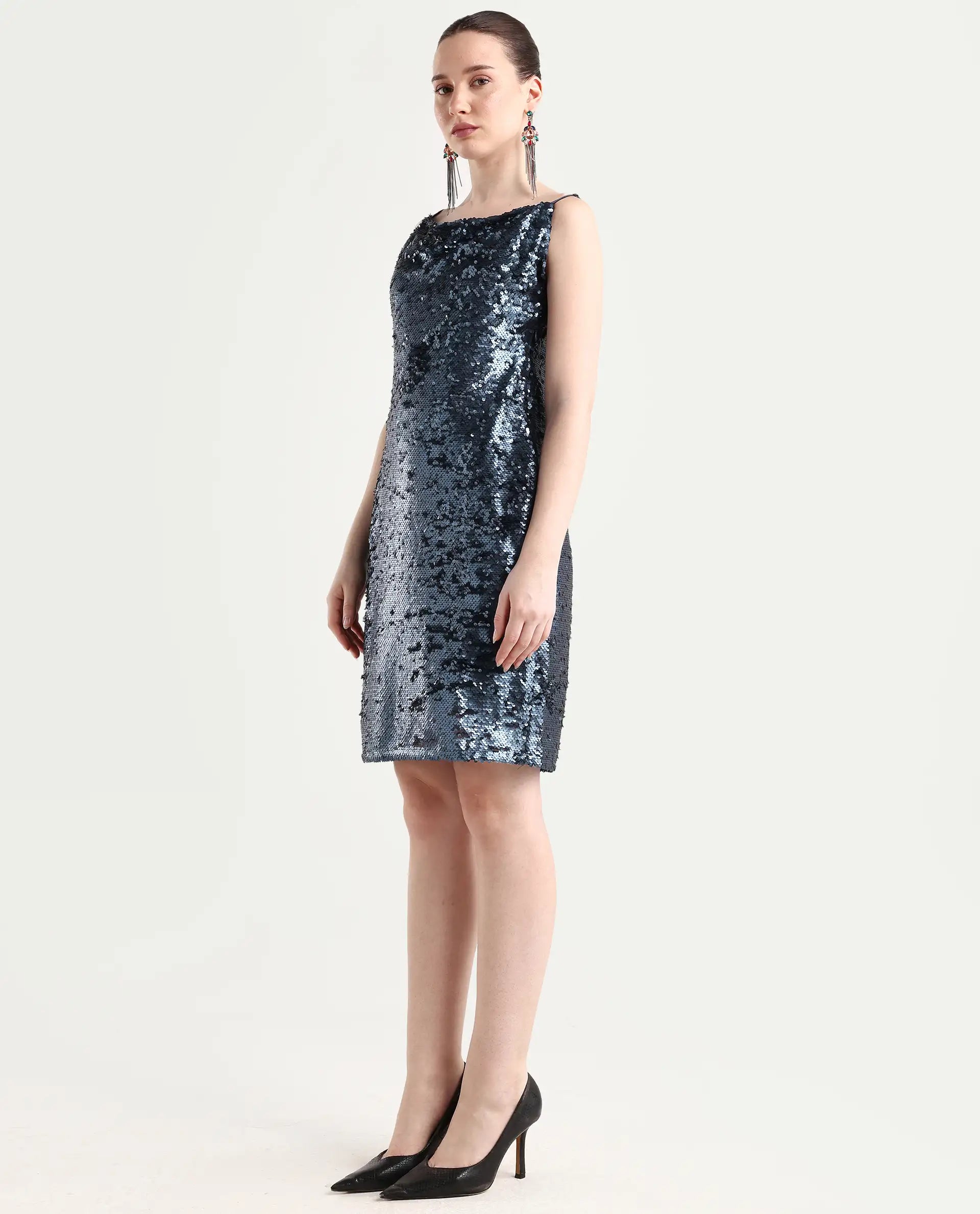 Rareism Women's Leah Sheen Blue Polyester Shoulder Strap Sequined Shoulder Strap Knee Length Regular Fit Dress