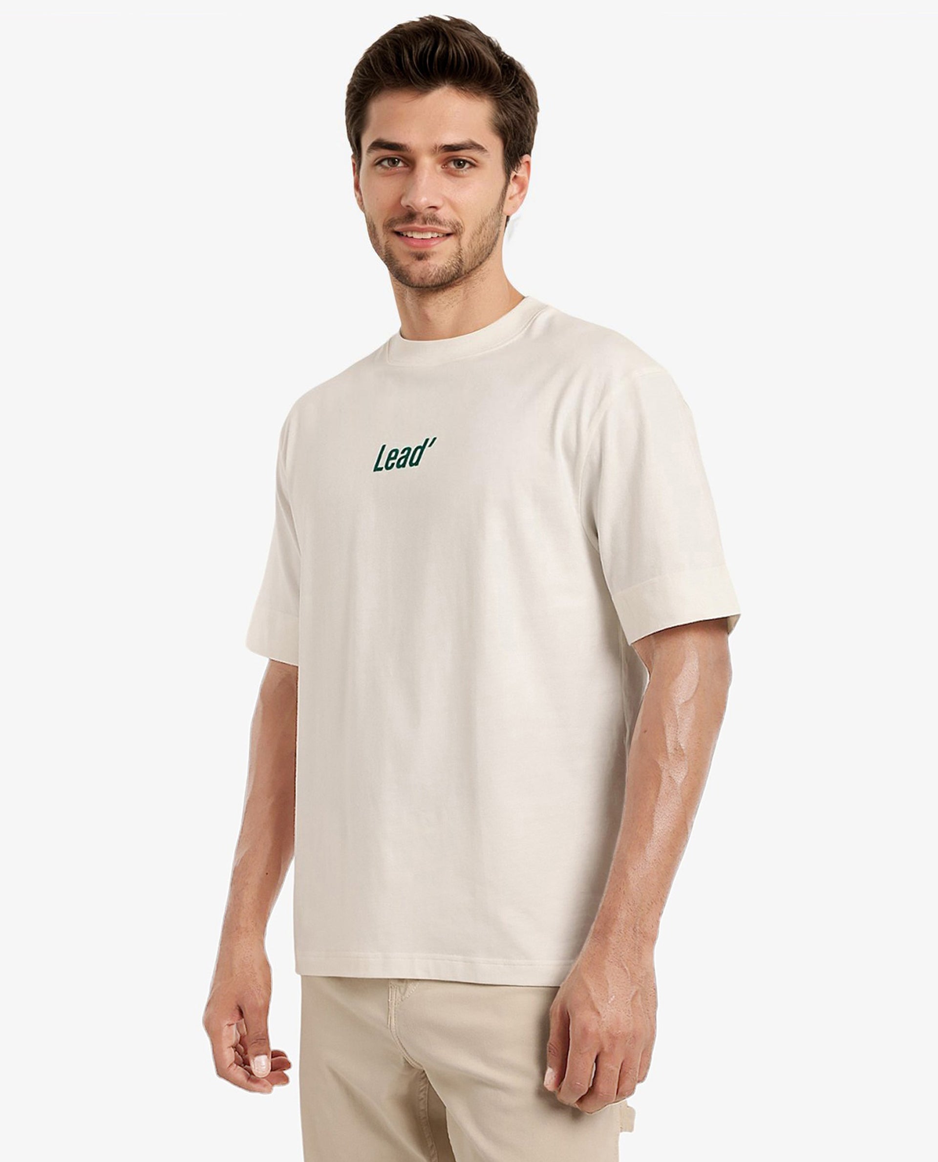 Rare Rabbit Men Lea Off White Cotton Fabric Short Sleeve Crew Neck Oversized Fit Graphic Flock Print T-Shirt