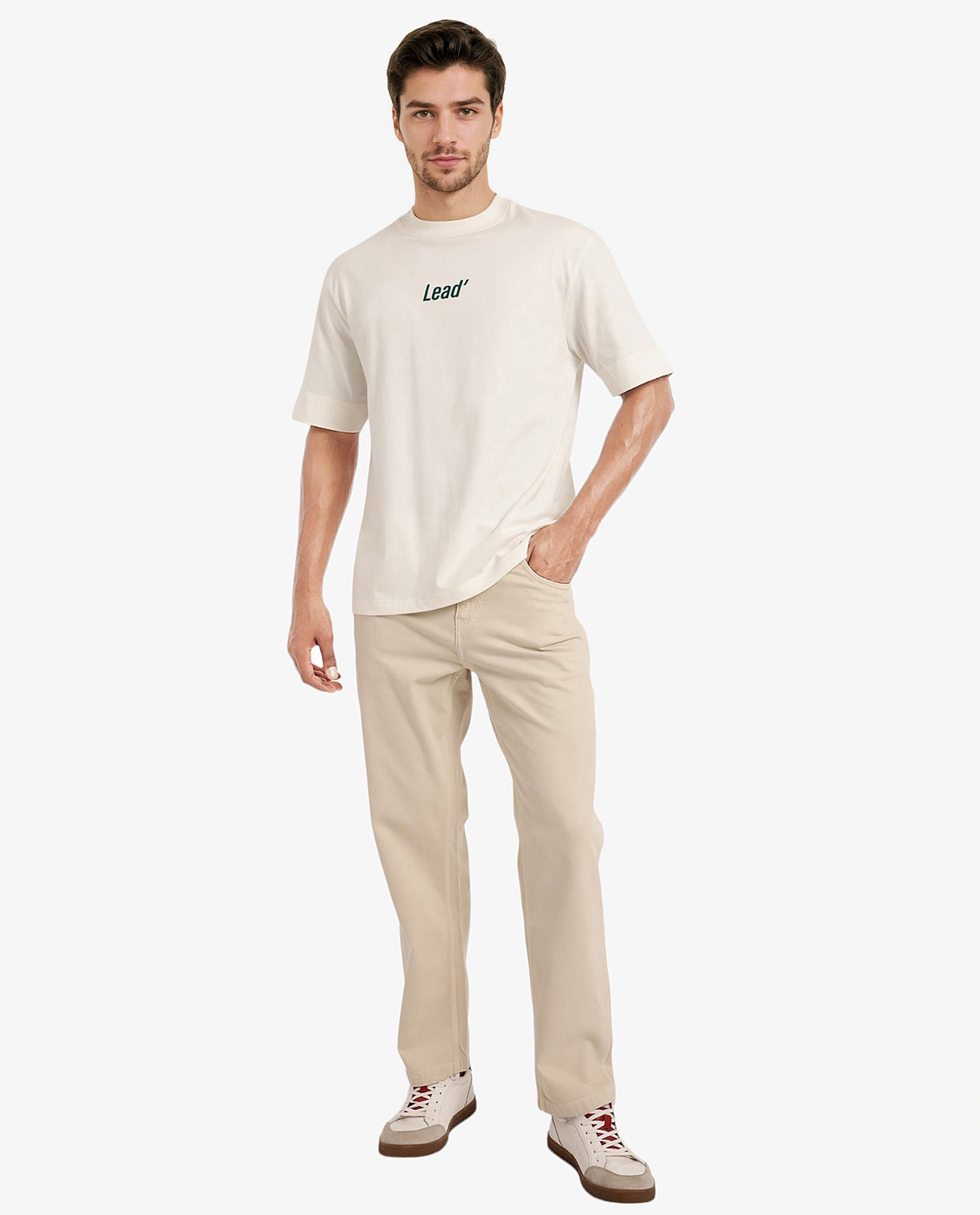 Rare Rabbit Men Lea Off White Cotton Fabric Short Sleeve Crew Neck Oversized Fit Graphic Flock Print T-Shirt