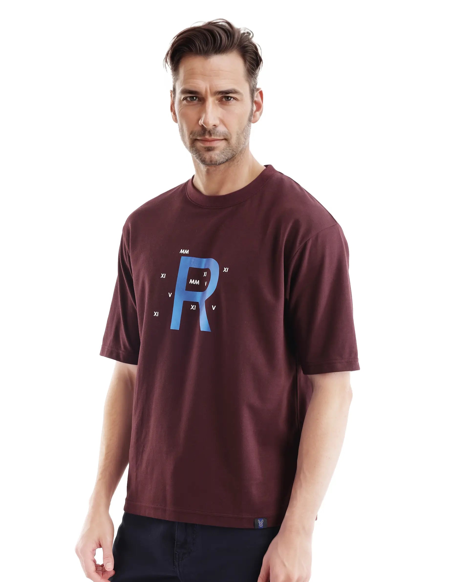 Rare Rabbit Men Leat Dark Brown Cotton Polyester Fabric Short Sleeve Crew Neck Boxy Fit Printed T-Shirt