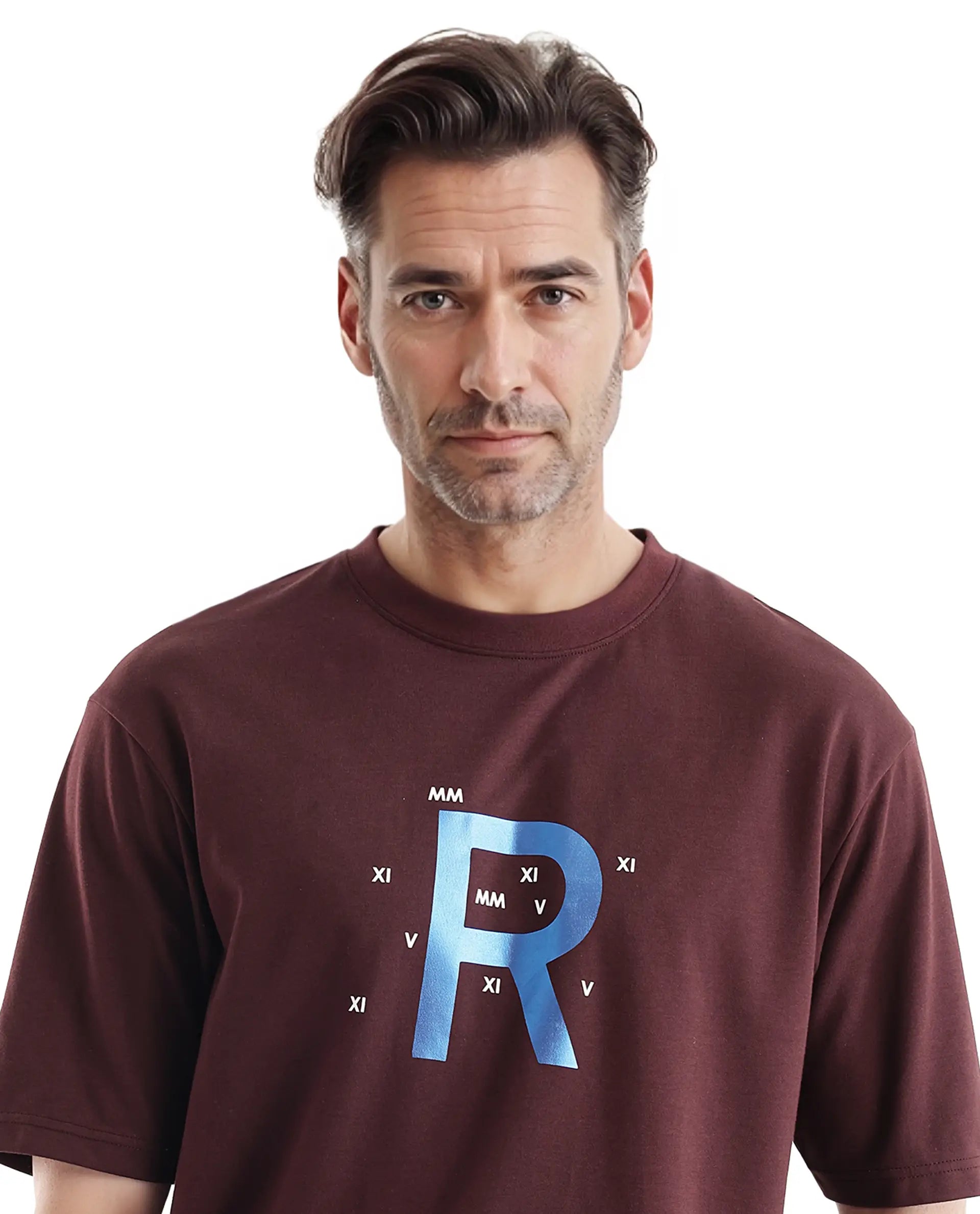 Rare Rabbit Men Leat Dark Brown Cotton Polyester Fabric Short Sleeve Crew Neck Boxy Fit Printed T-Shirt