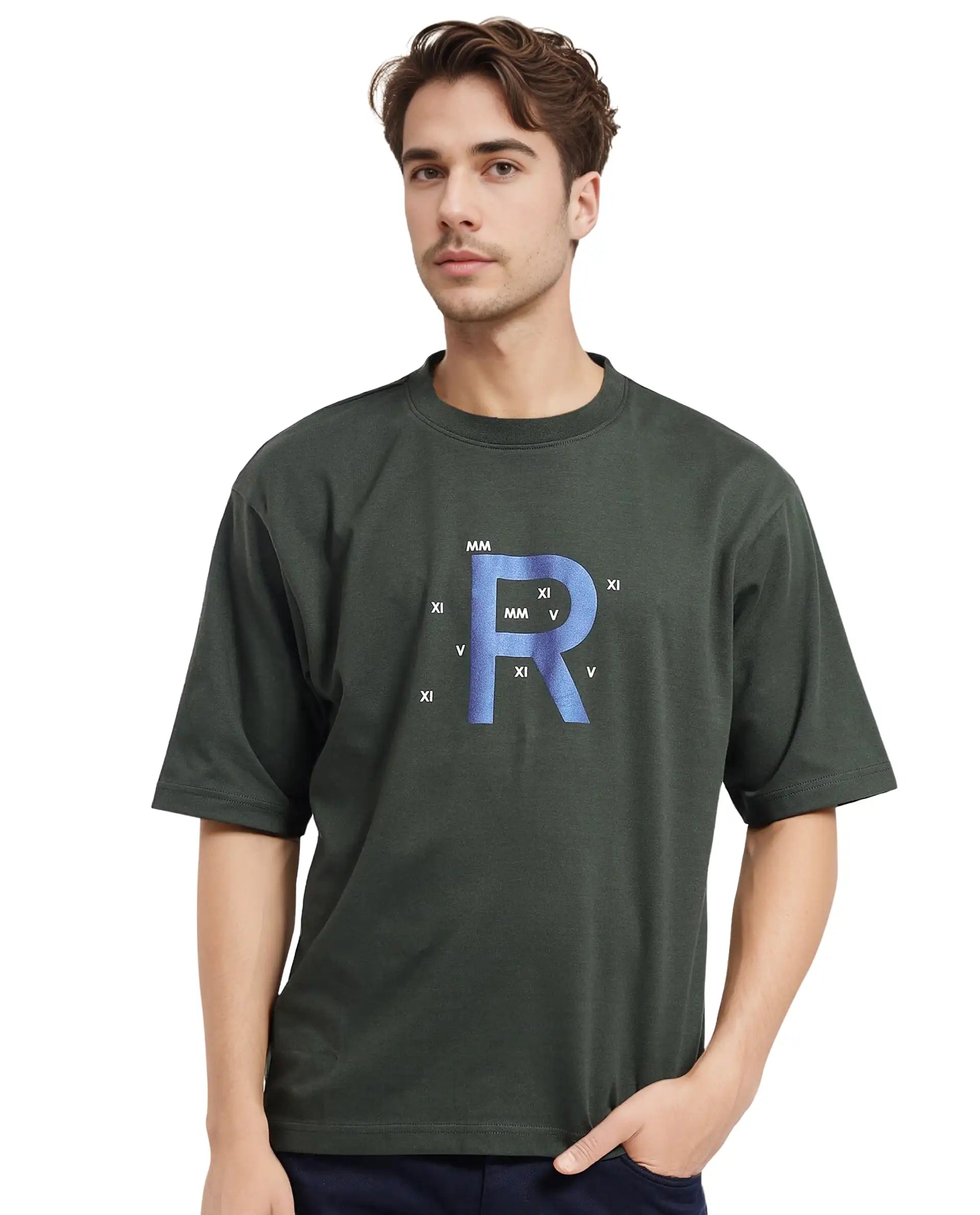 Rare Rabbit Men Leat Olive Cotton Polyester Fabric Short Sleeve Crew Neck Boxy Fit Printed T-Shirt