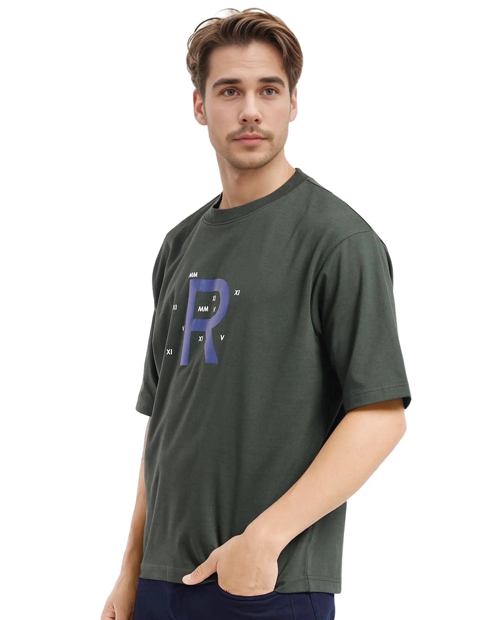 Rare Rabbit Men Leat Olive Cotton Polyester Fabric Short Sleeve Crew Neck Boxy Fit Printed T-Shirt