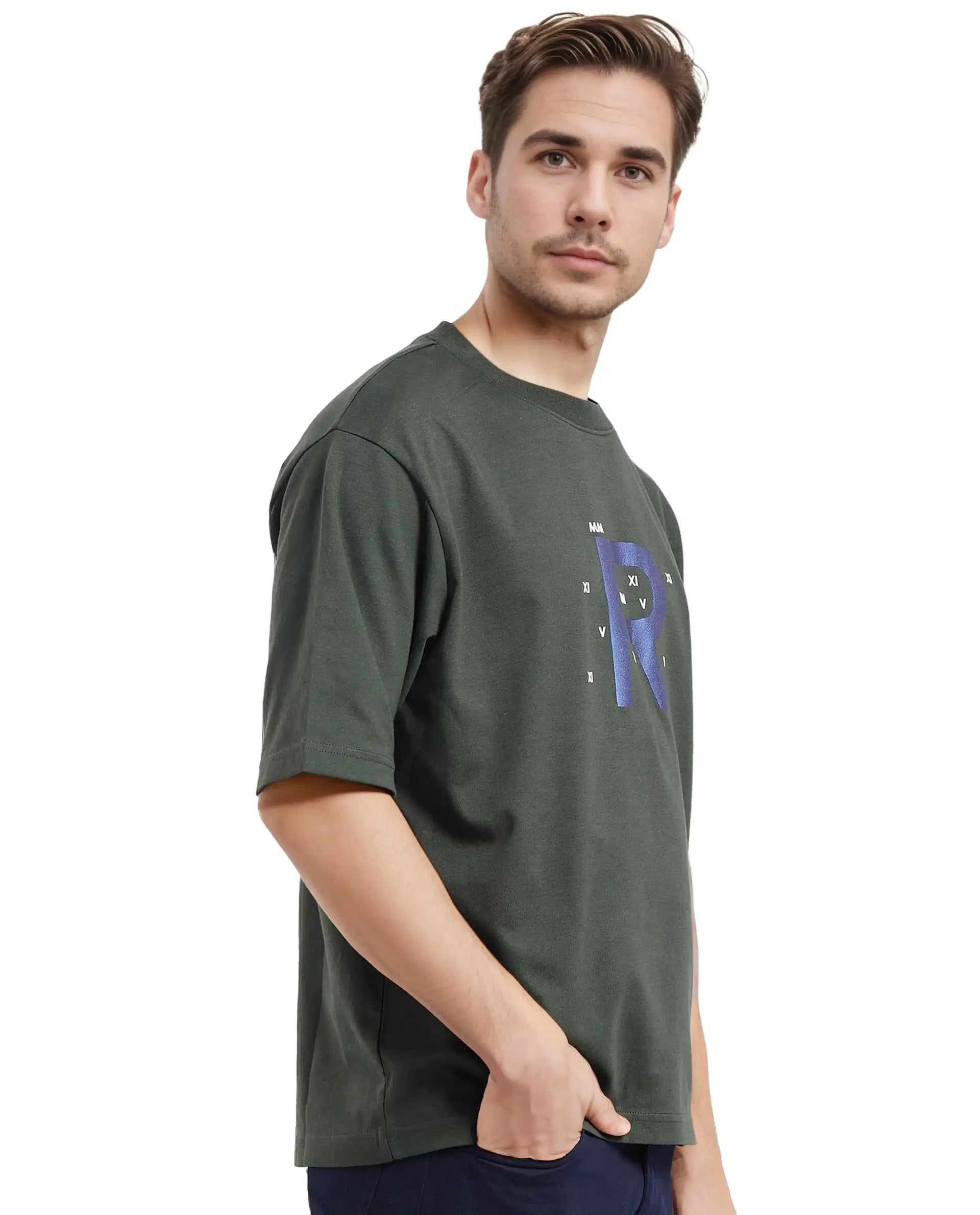 Rare Rabbit Men Leat Olive Cotton Polyester Fabric Short Sleeve Crew Neck Boxy Fit Printed T-Shirt
