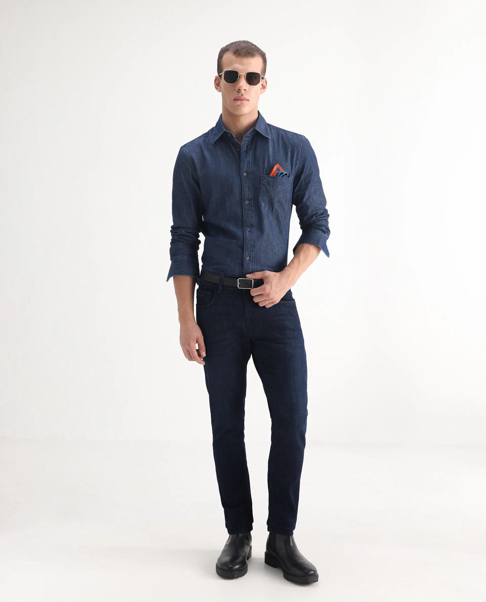 Rare Rabbit Men's Ledo Dark Navy Cotton Blend Plain Hawk Slim Fit Jeans