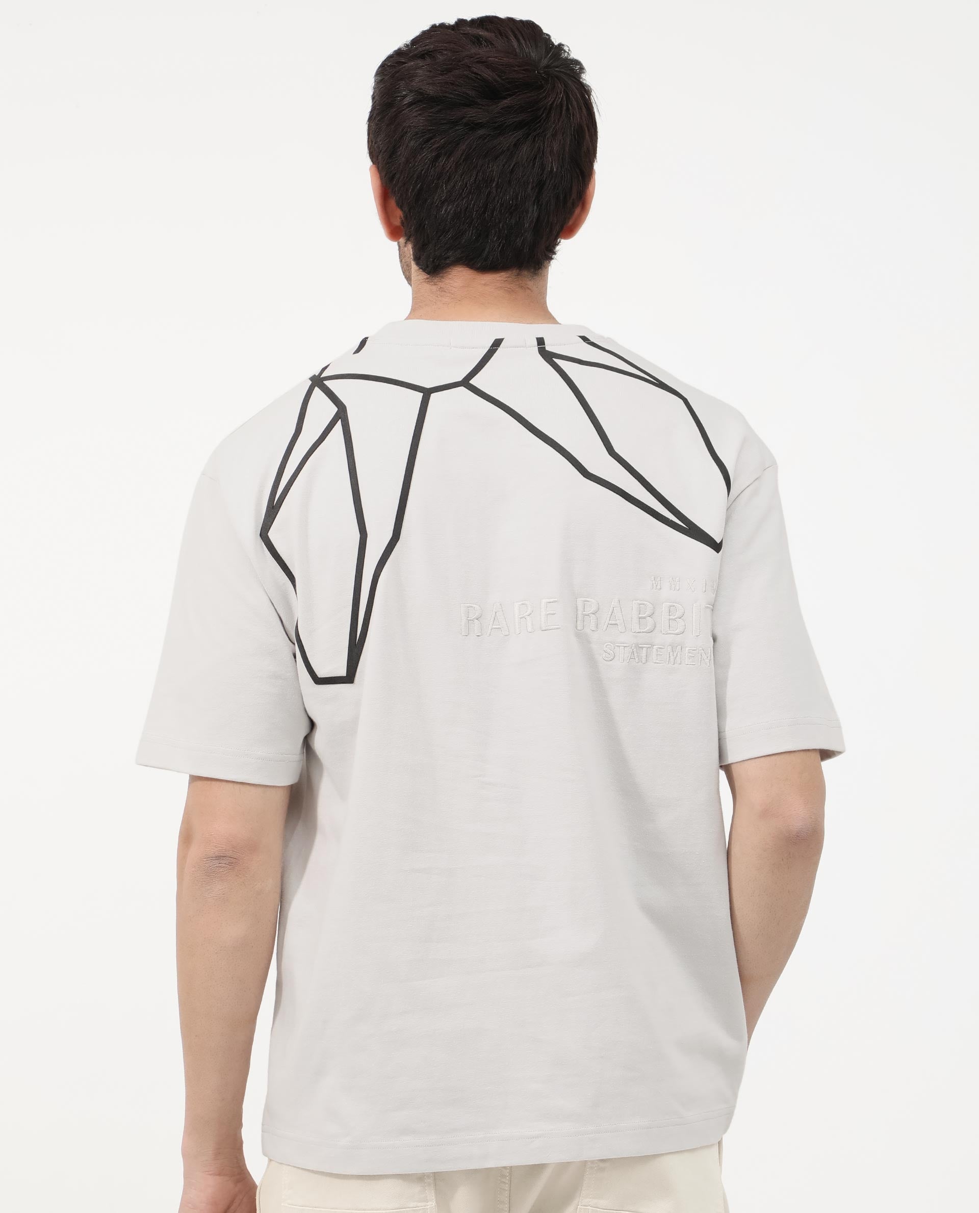 Rare Rabbit Articale Mens Lee Light Grey Cotton Fabric Short Sleeve Crew Neck Oversized Fit Graphic Printed T-Shirt