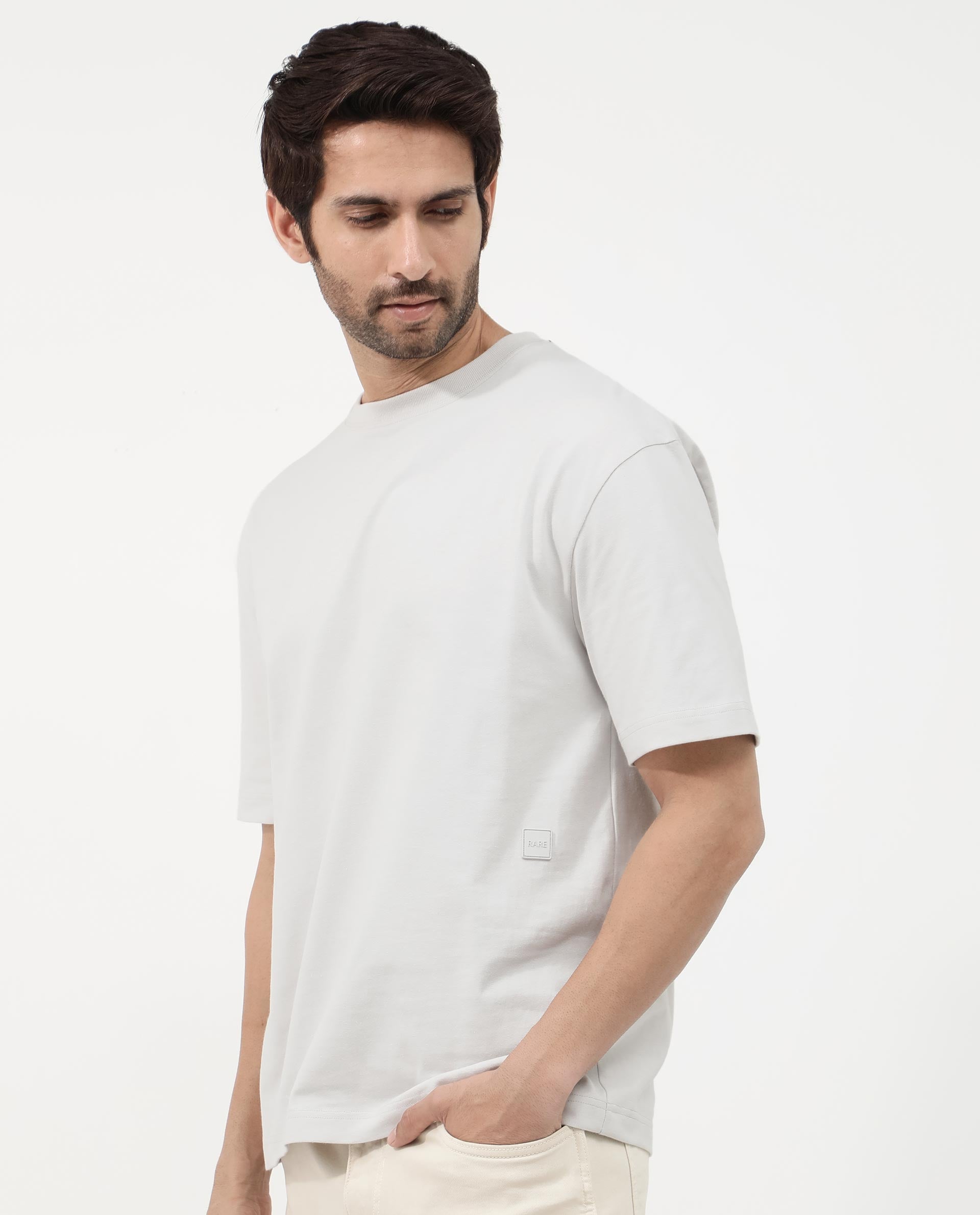 Rare Rabbit Articale Mens Lee Light Grey Cotton Fabric Short Sleeve Crew Neck Oversized Fit Graphic Printed T-Shirt