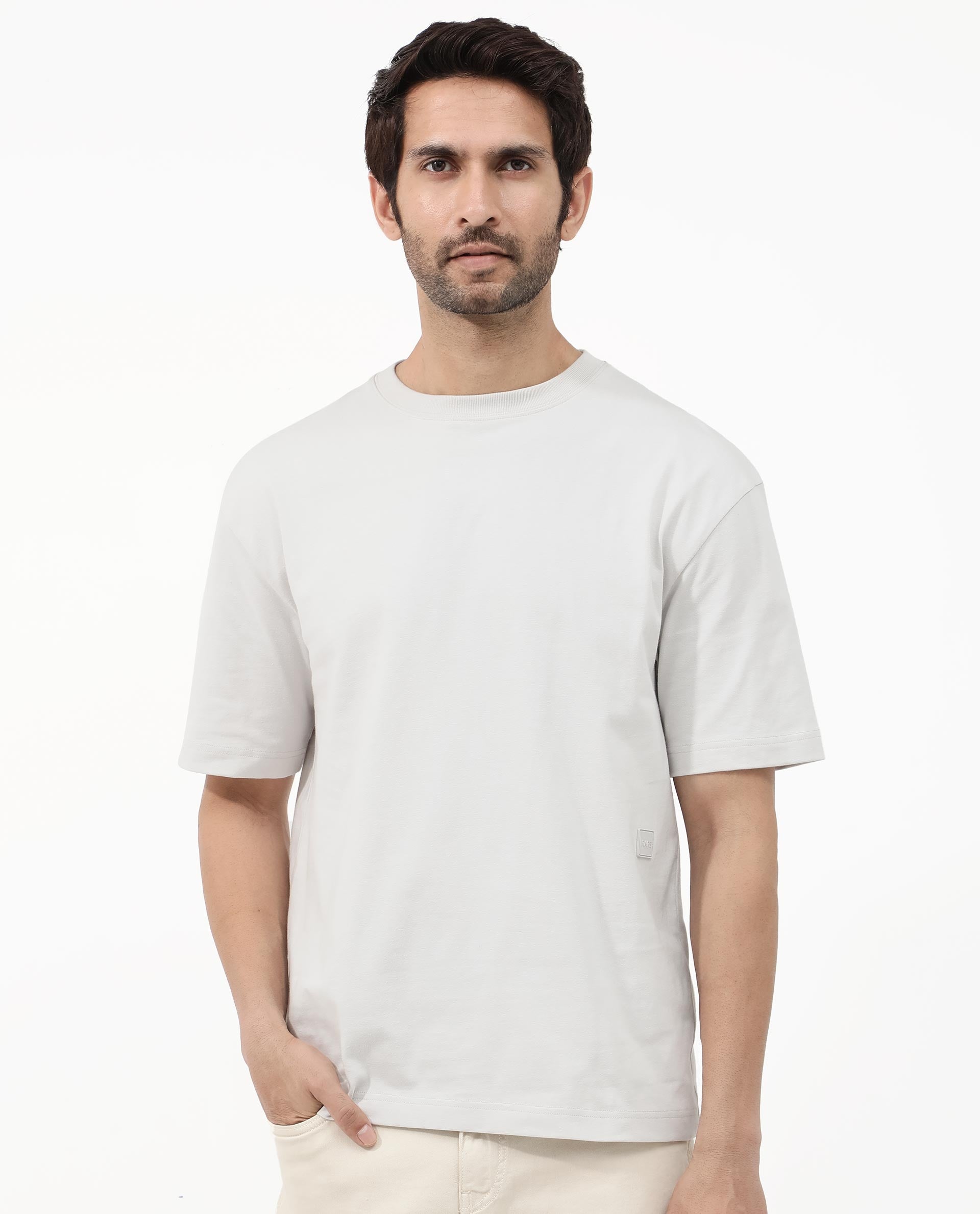 Rare Rabbit Articale Mens Lee Light Grey Cotton Fabric Short Sleeve Crew Neck Oversized Fit Graphic Printed T-Shirt