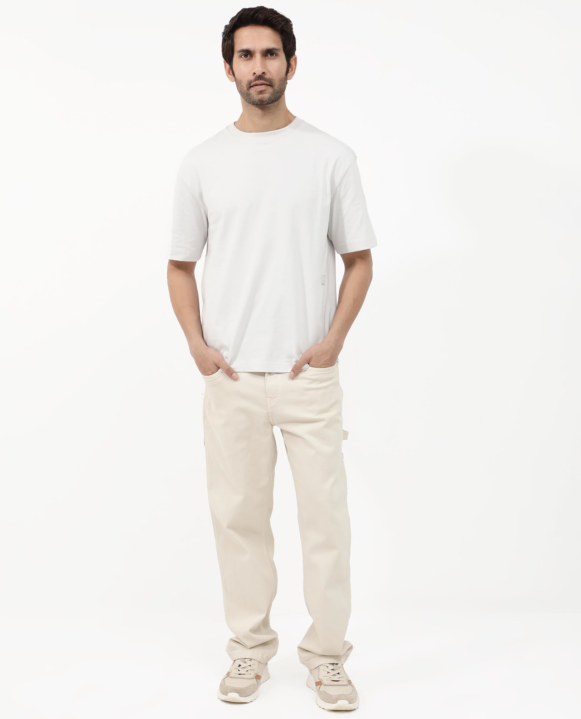 Rare Rabbit Articale Mens Lee Light Grey Cotton Fabric Short Sleeve Crew Neck Oversized Fit Graphic Printed T-Shirt