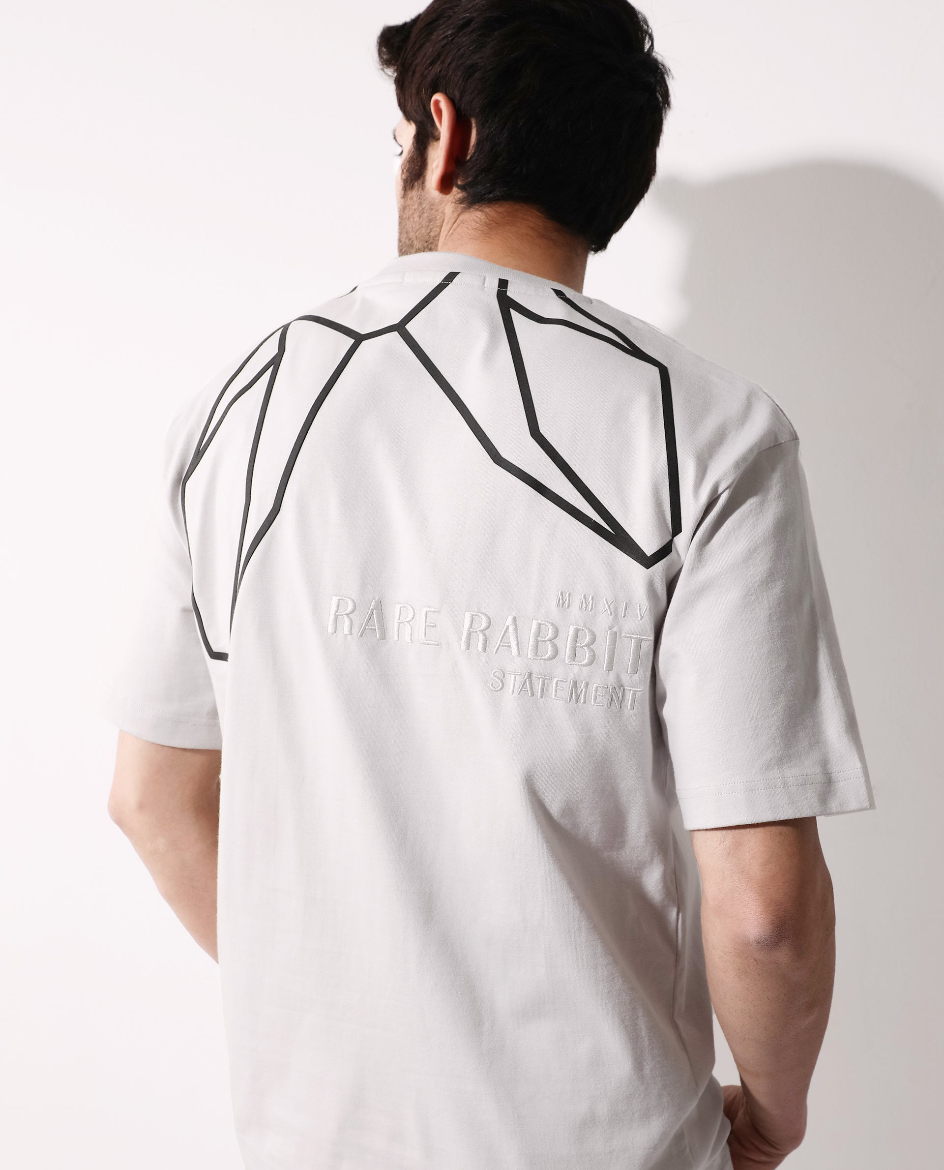 Rare Rabbit Articale Mens Lee Light Grey Cotton Fabric Short Sleeve Crew Neck Oversized Fit Graphic Printed T-Shirt