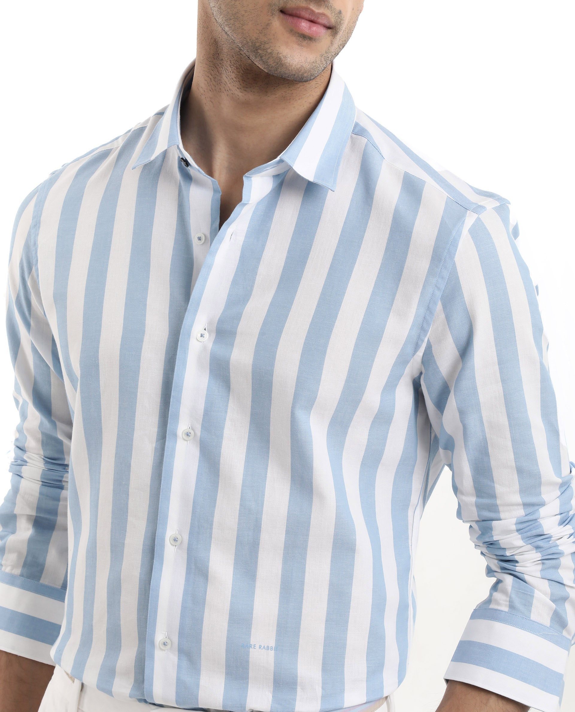 Rare Rabbit Men's Leeds Blue Cotton Fabric Full Sleeves Striped Shirt