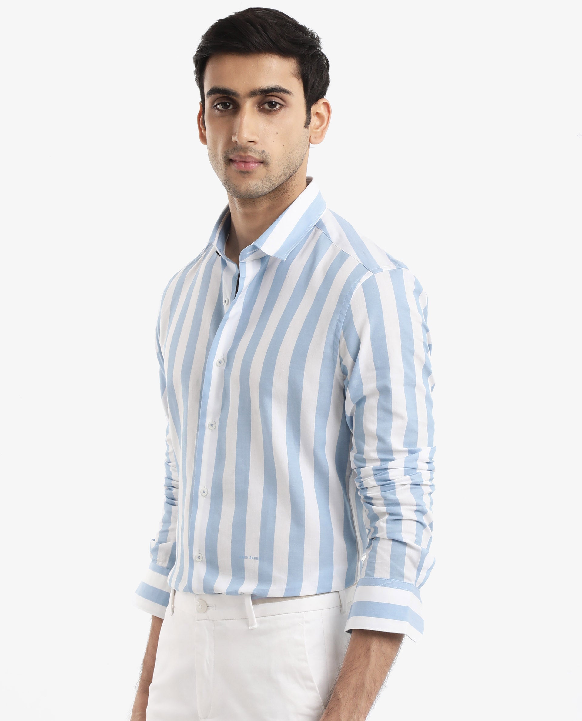 Rare Rabbit Men's Leeds Blue Cotton Fabric Full Sleeves Striped Shirt