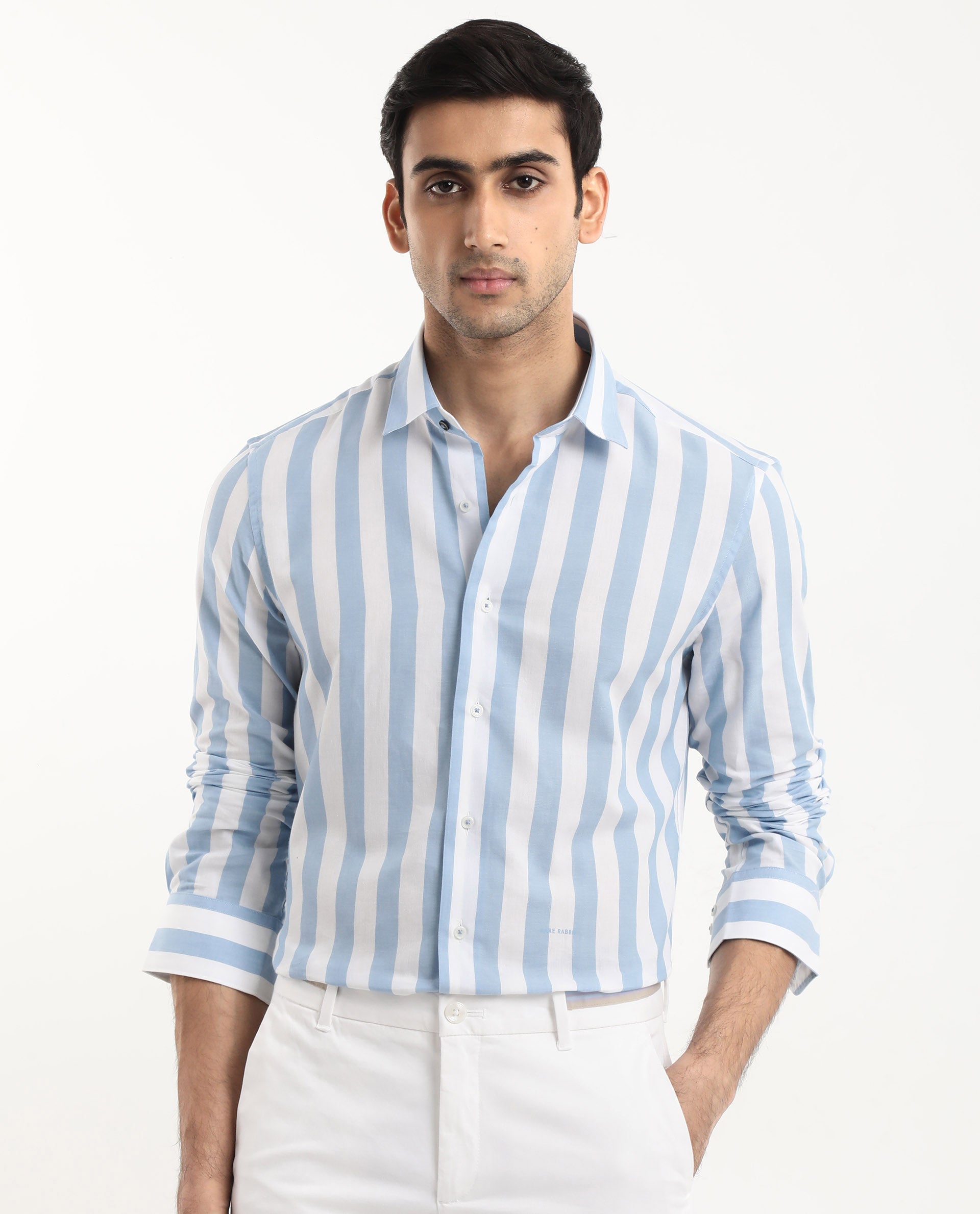 Rare Rabbit Men's Leeds Blue Cotton Fabric Full Sleeves Striped Shirt