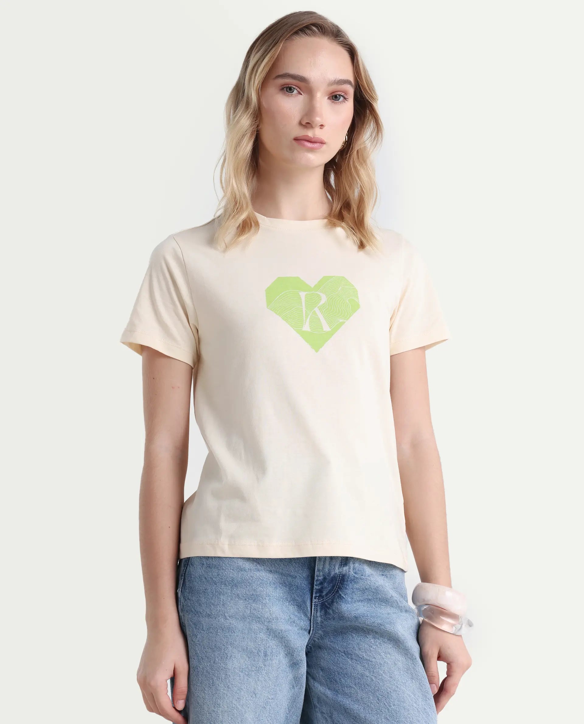 Rareism Women's Lee Light Beige Cotton Blend Crew Neck Graphic Print Regular Fit T-Shirt