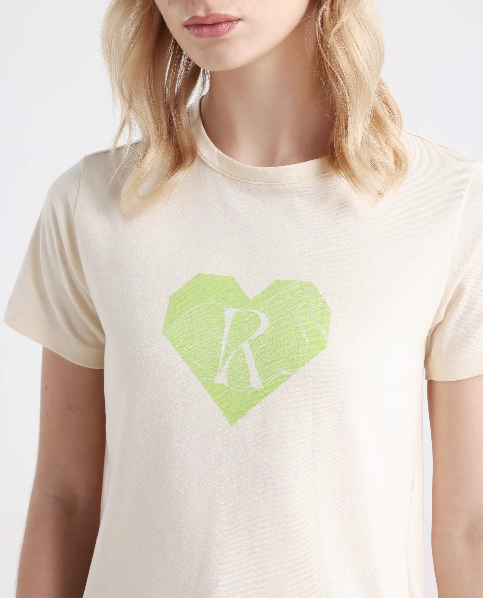 Rareism Women's Lee Light Beige Cotton Blend Crew Neck Graphic Print Regular Fit T-Shirt