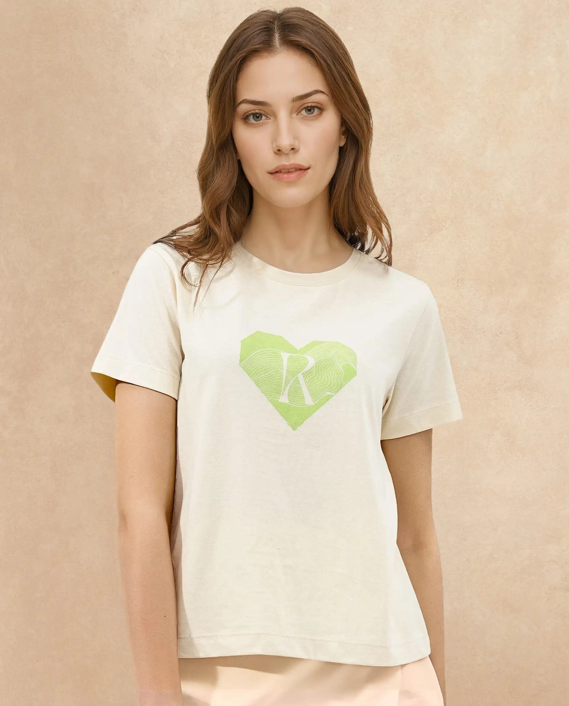 Rareism Women Lee Light Beige Cotton Poly Fabric Short Sleeve Crew Neck Solid T-Shirt