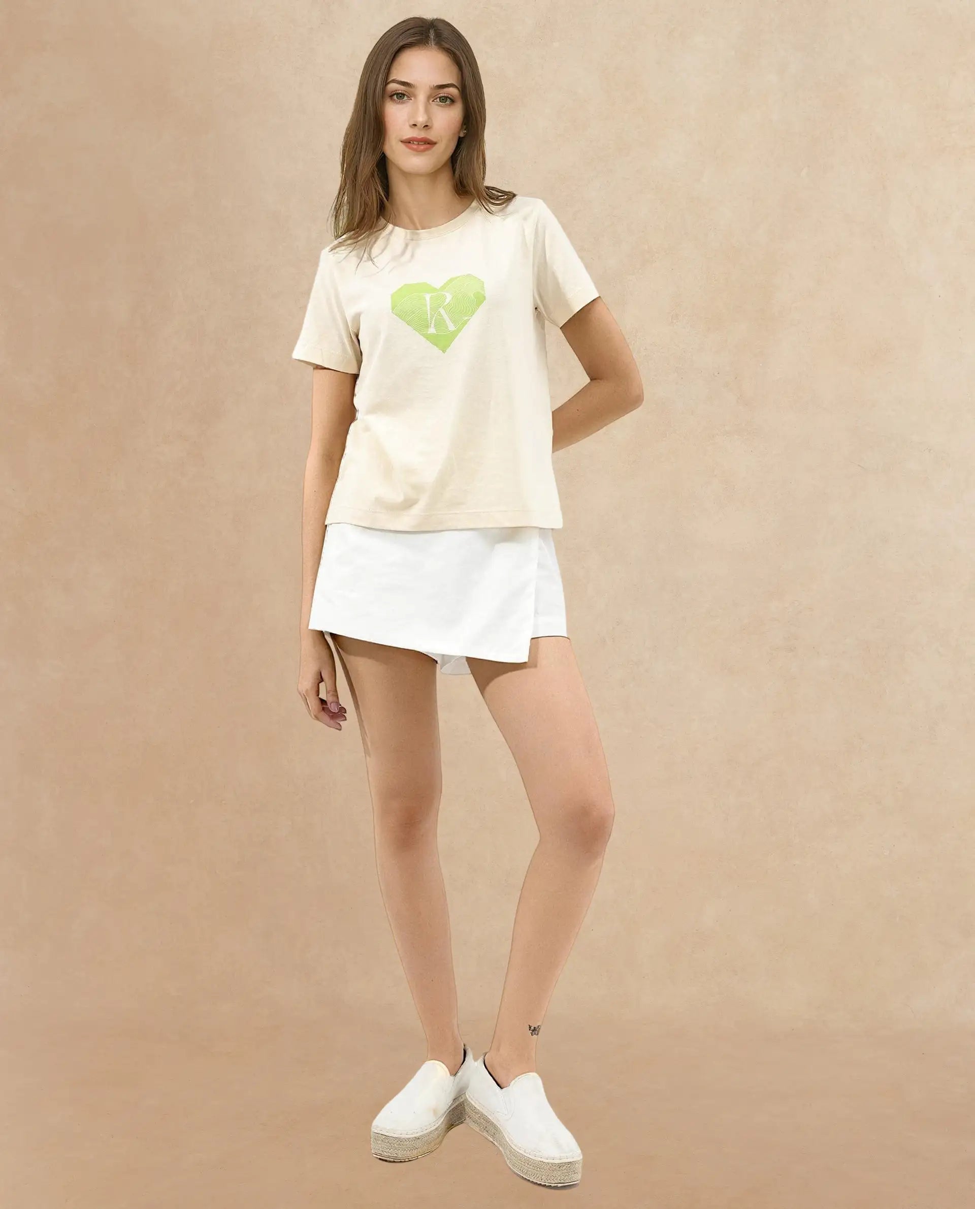 Rareism Women Lee Light Beige Cotton Poly Fabric Short Sleeve Crew Neck Solid T-Shirt