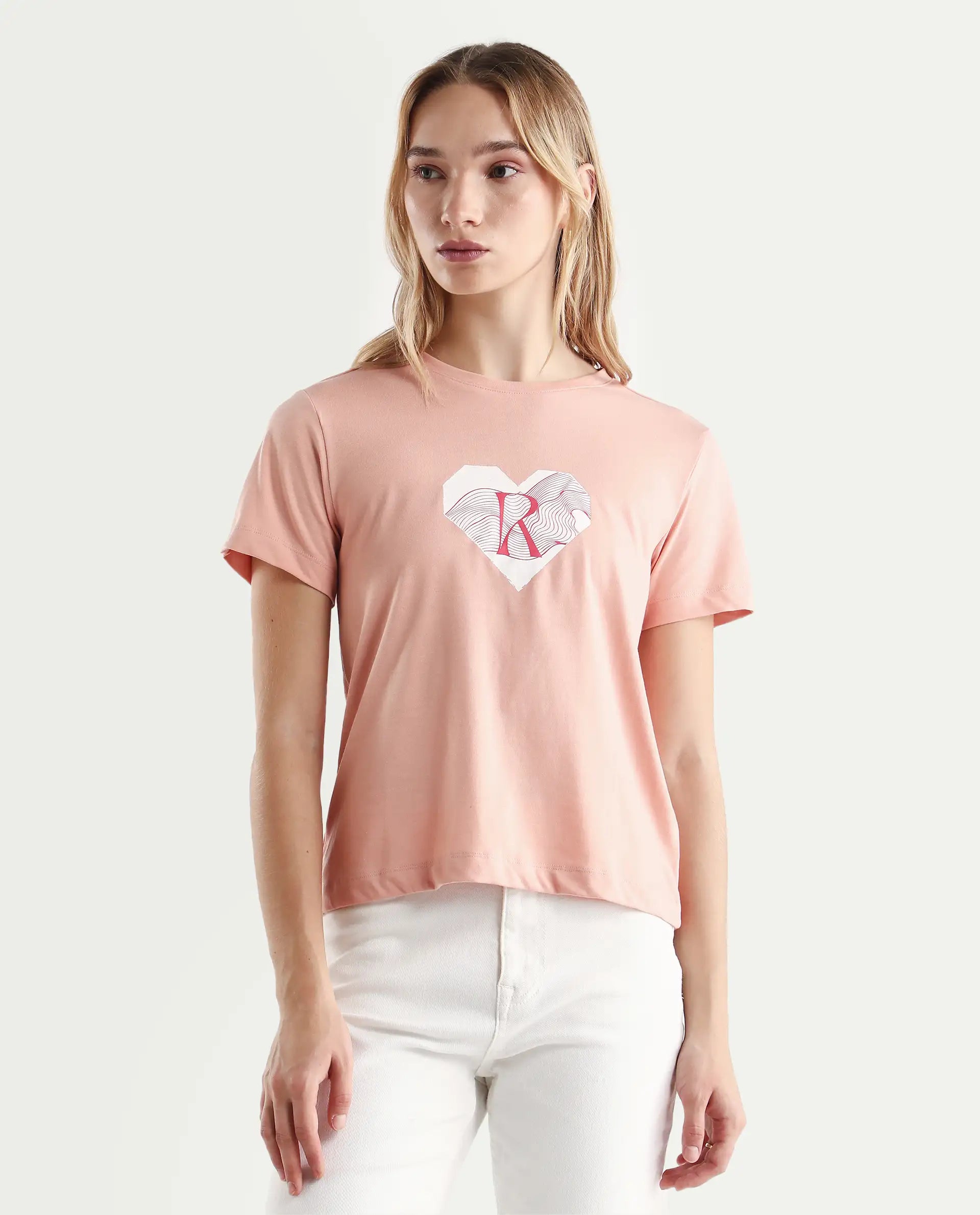 Rareism Women's Lee Light Peach Cotton Blend Crew Neck Graphic Print Regular Fit T-Shirt