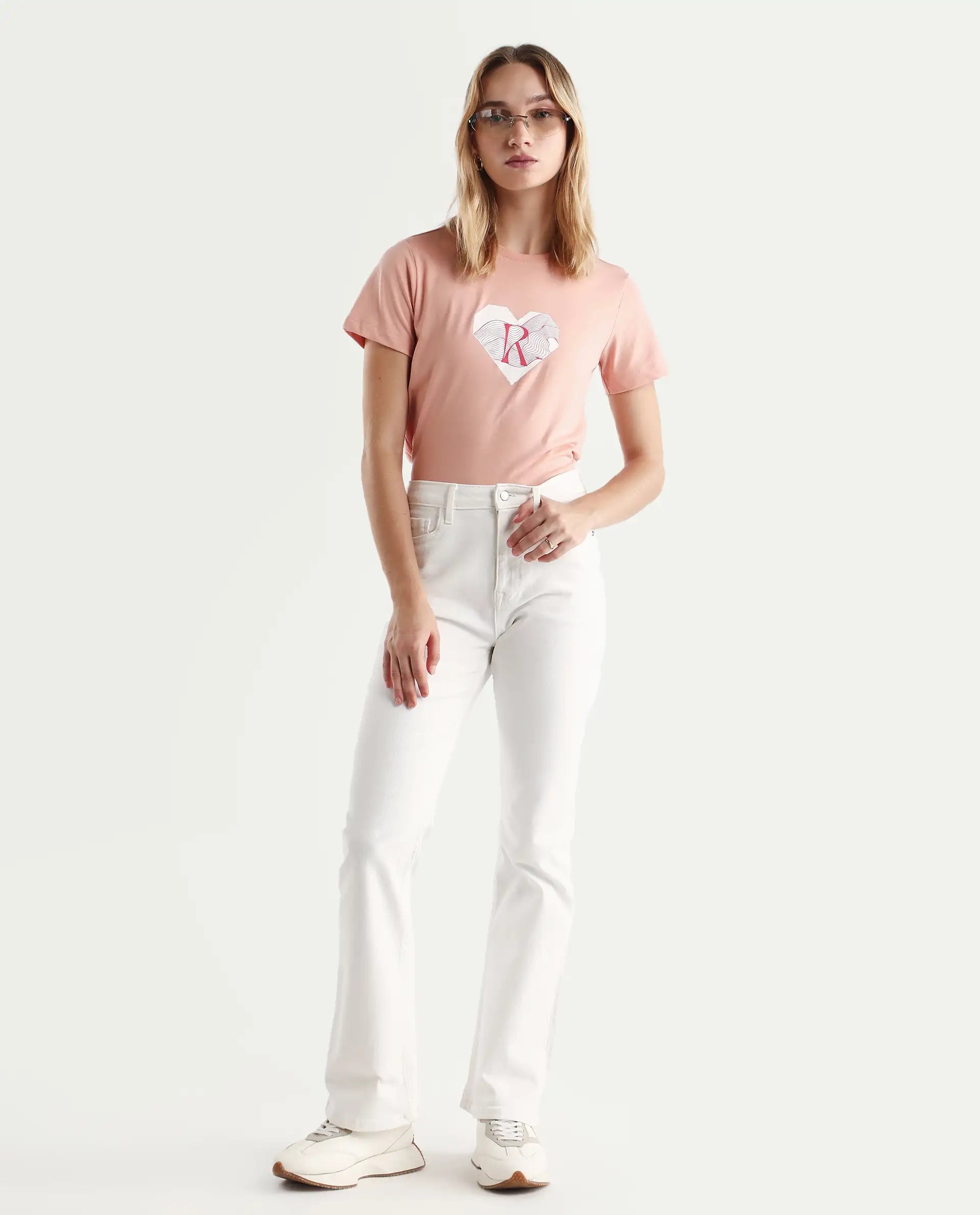 Rareism Women's Lee Light Peach Cotton Blend Crew Neck Graphic Print Regular Fit T-Shirt