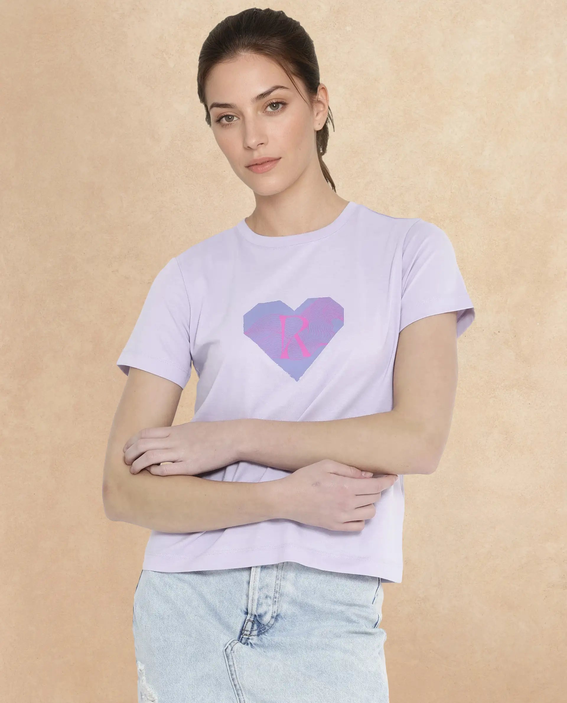 Rareism Women Lee Pastel Purple Cotton Poly Fabric Short Sleeve Crew Neck Solid T-Shirt