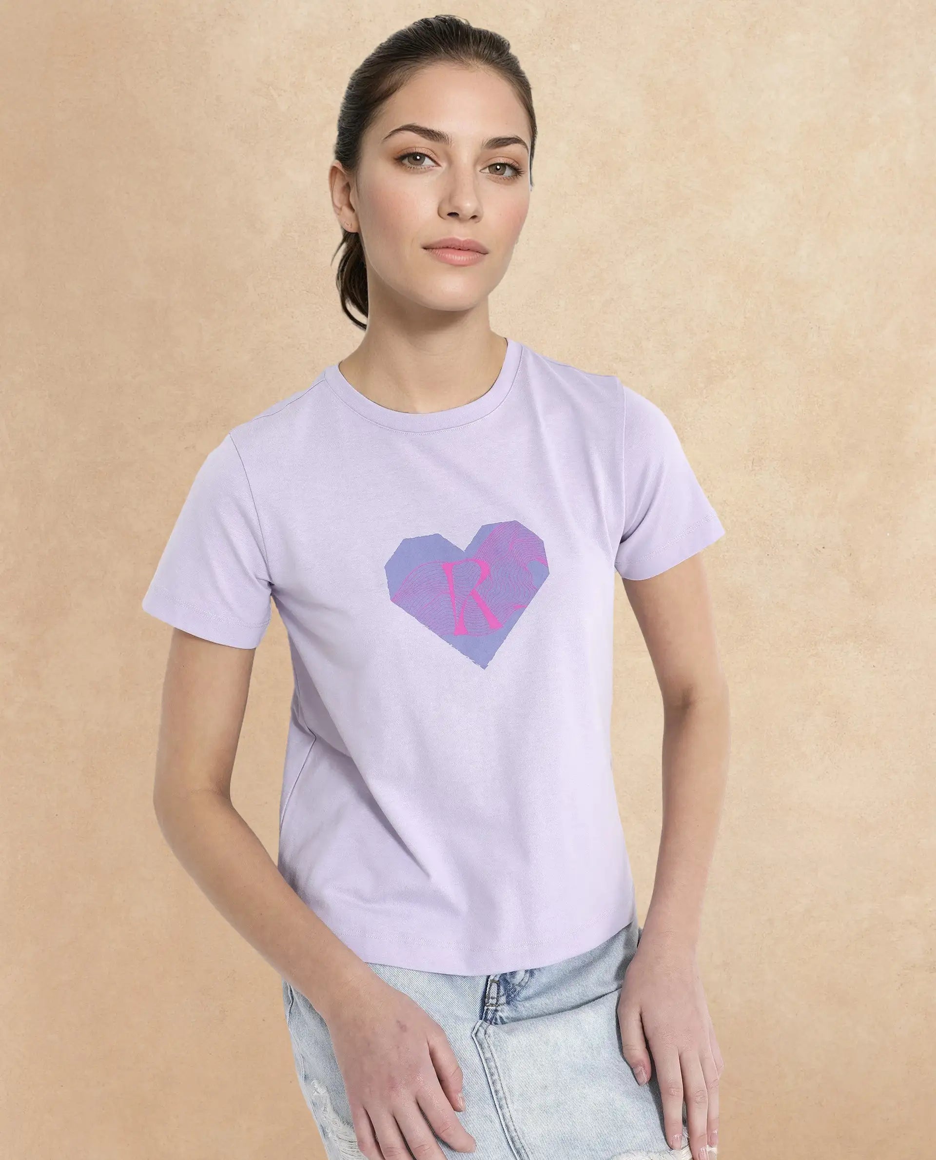 Rareism Women Lee Pastel Purple Cotton Poly Fabric Short Sleeve Crew Neck Solid T-Shirt