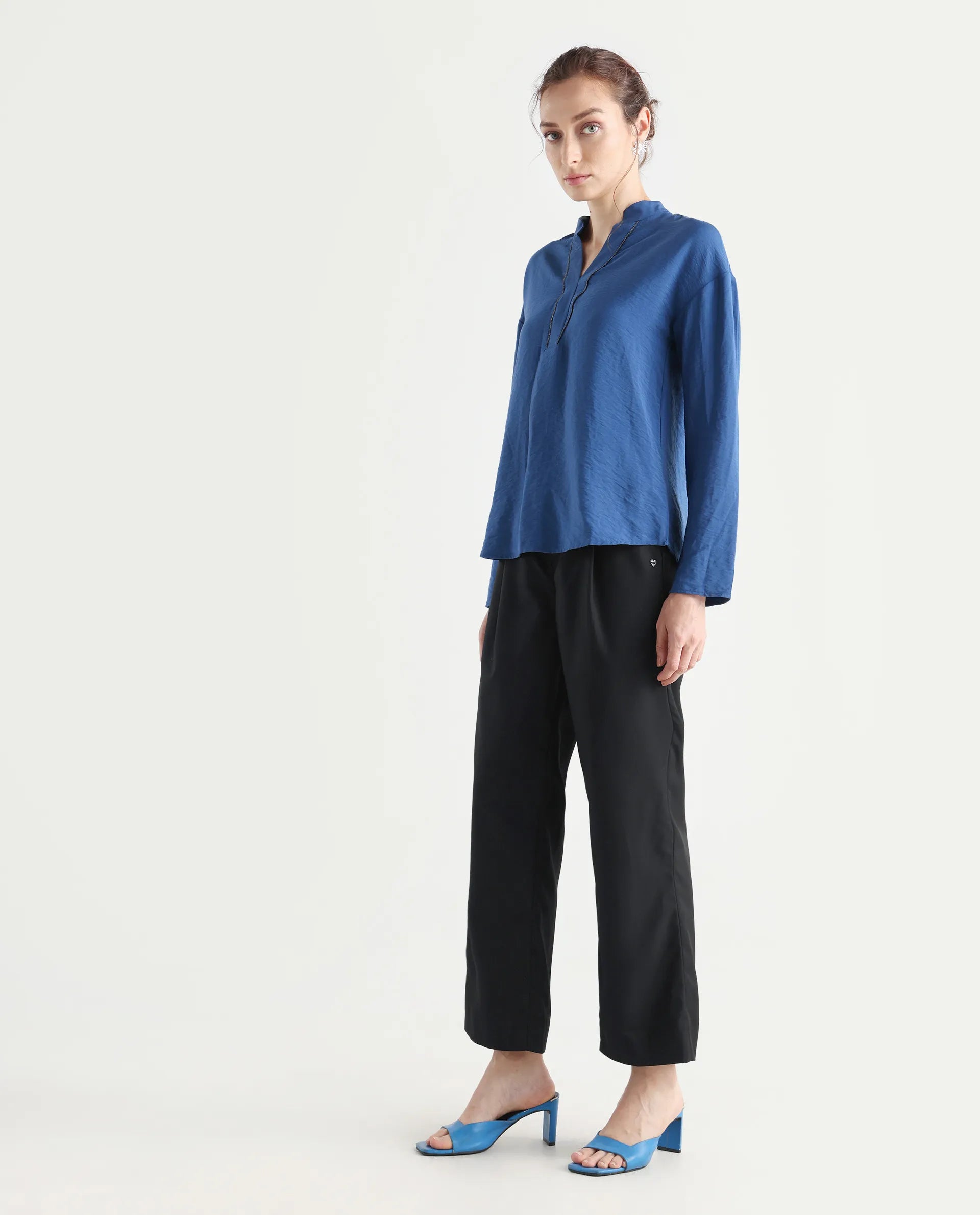 Rareism Women's Leezo Black Polyester Blend Plain Ankle Length Straight Fit Trouser