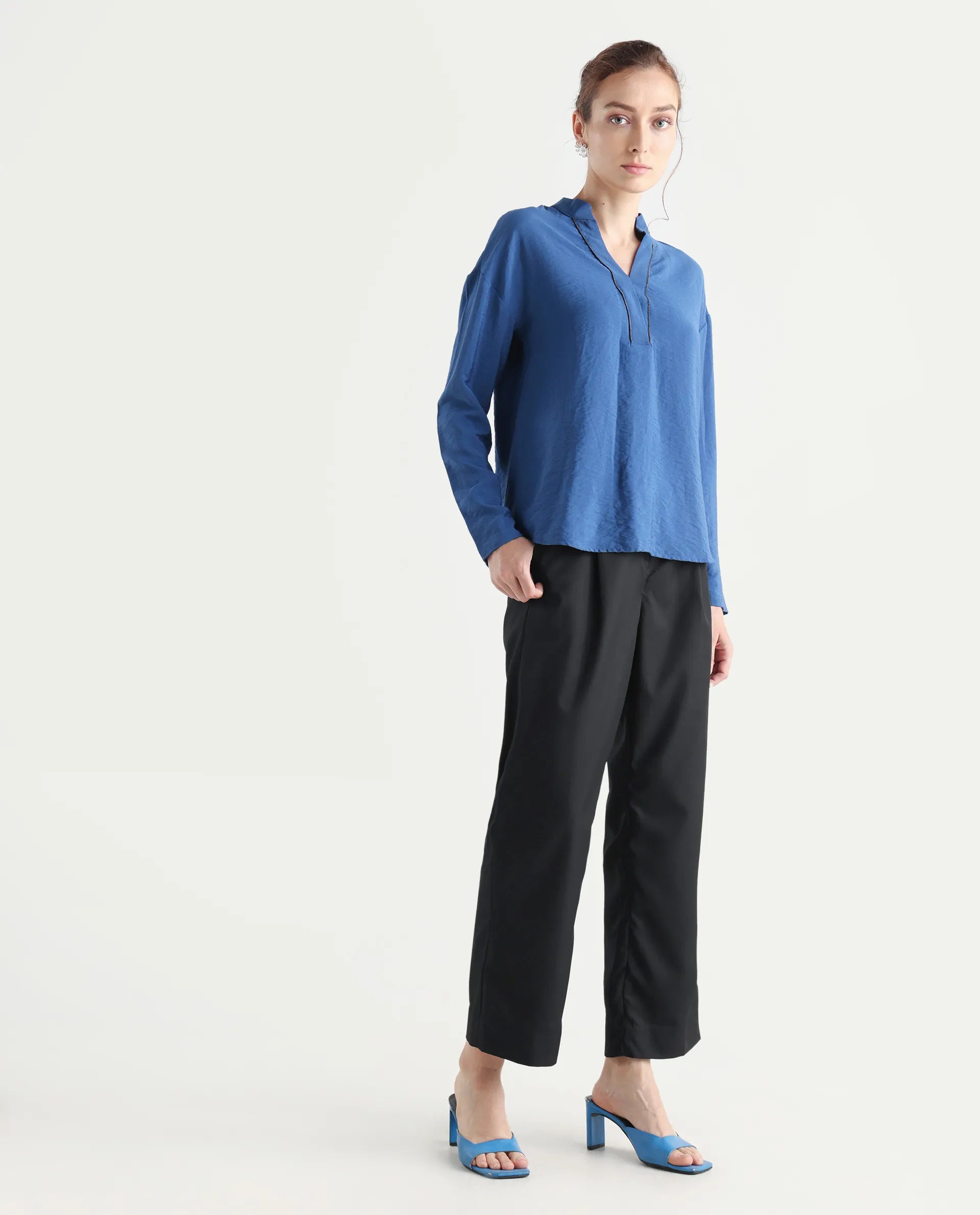 Rareism Women's Leezo Black Polyester Blend Plain Ankle Length Straight Fit Trouser