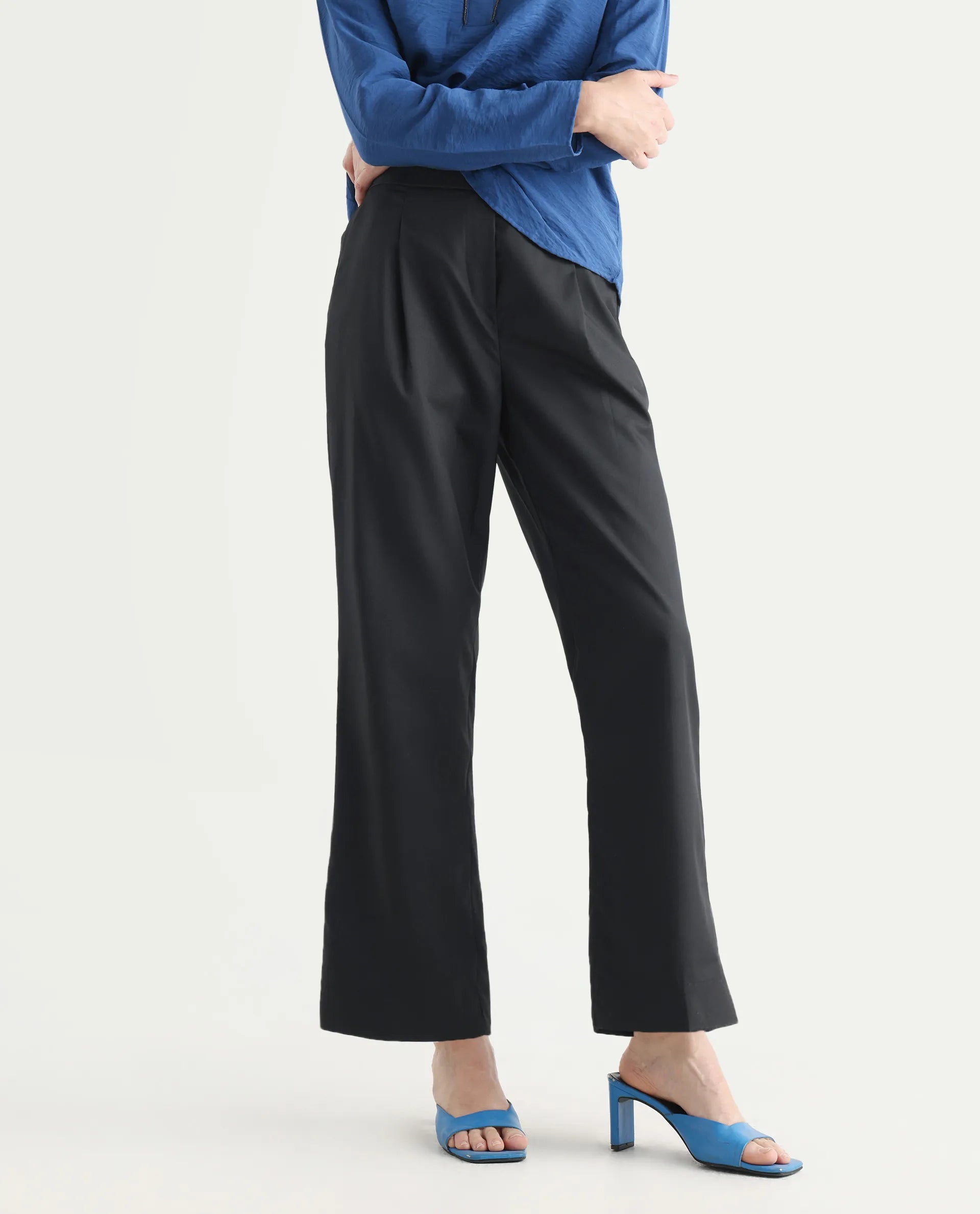 Rareism Women's Leezo Black Polyester Blend Plain Ankle Length Straight Fit Trouser