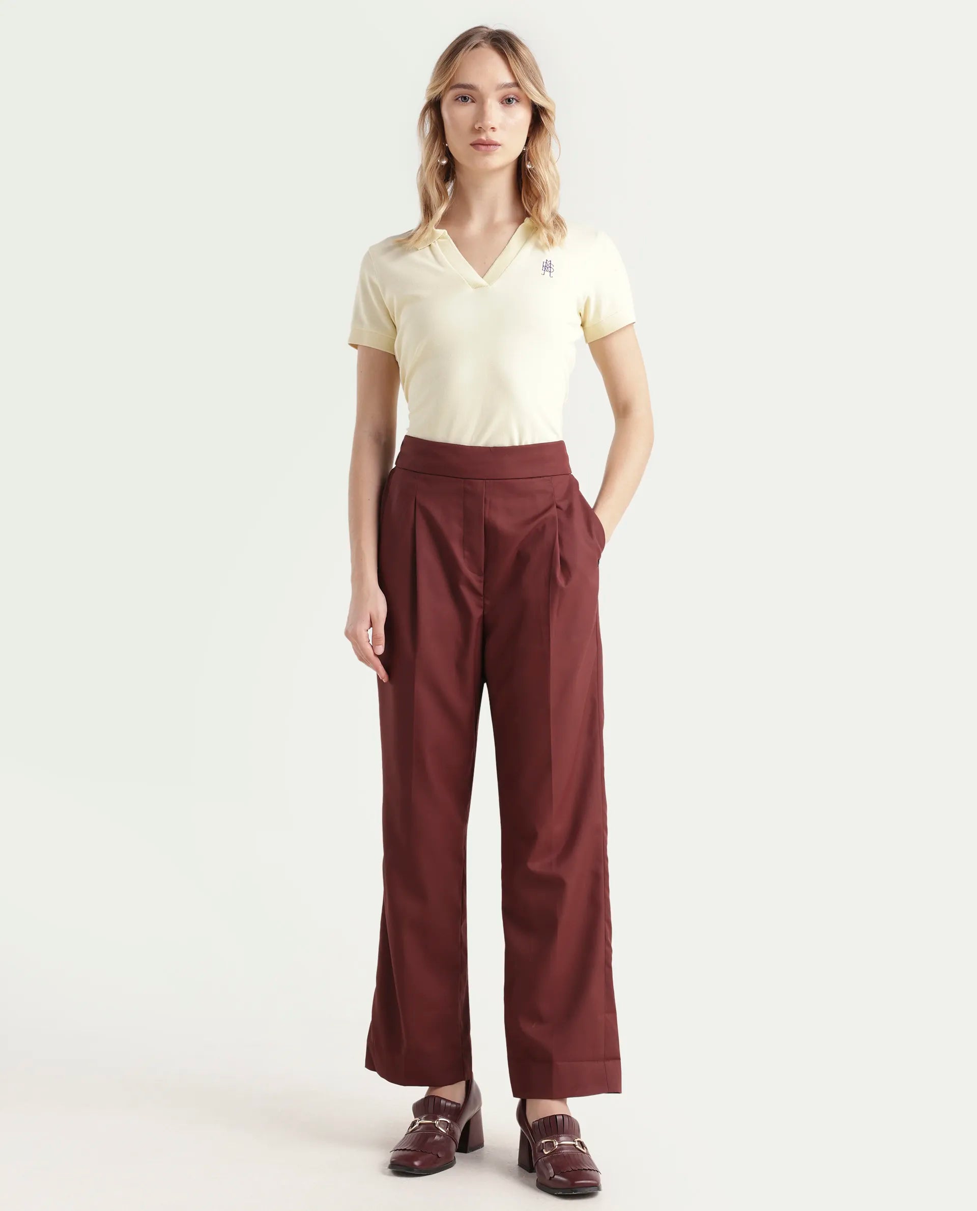 Rareism Women's Leezo Brown Polyester Blend Plain Ankle Length Straight Fit Trouser