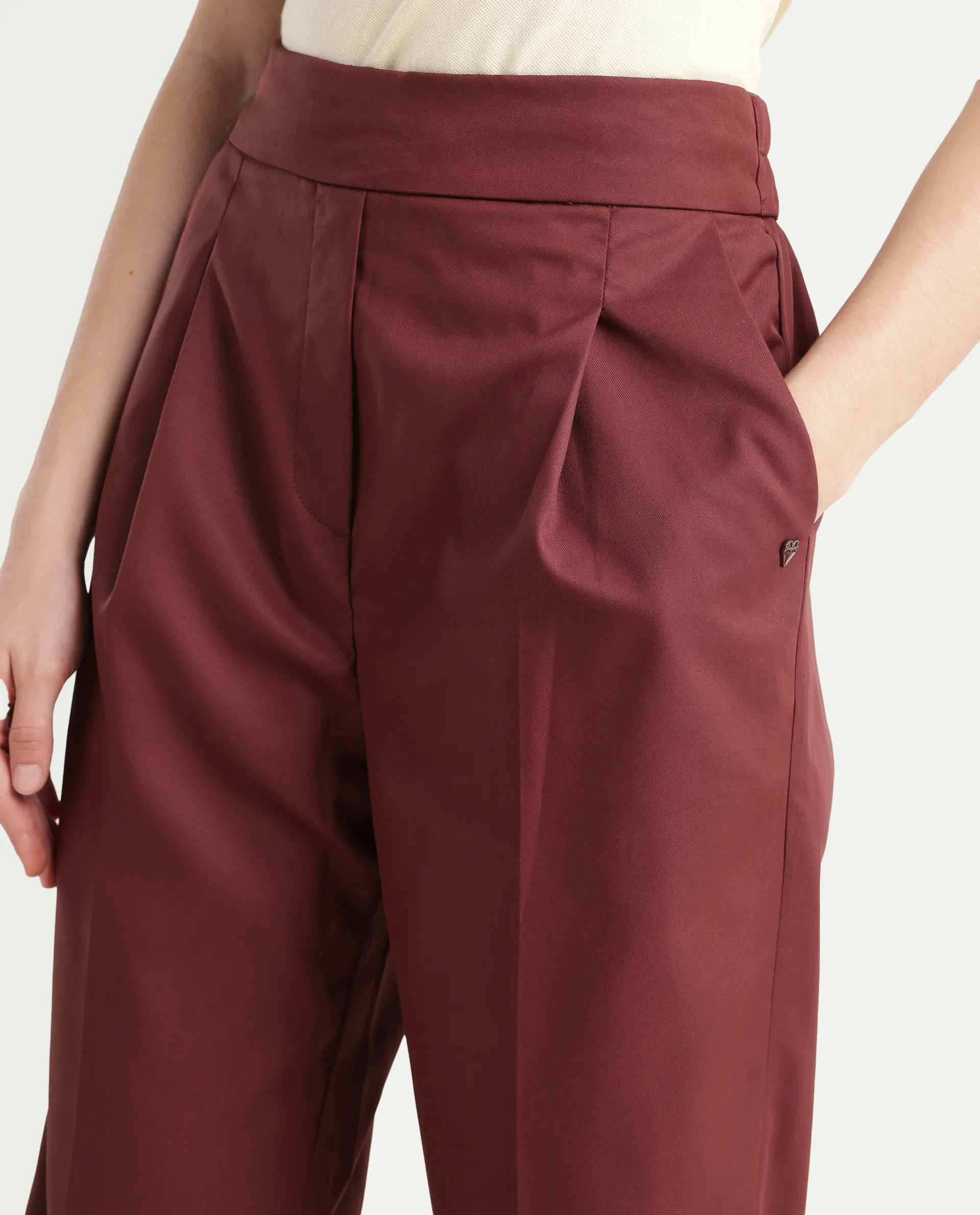 Rareism Women's Leezo Brown Polyester Blend Plain Ankle Length Straight Fit Trouser