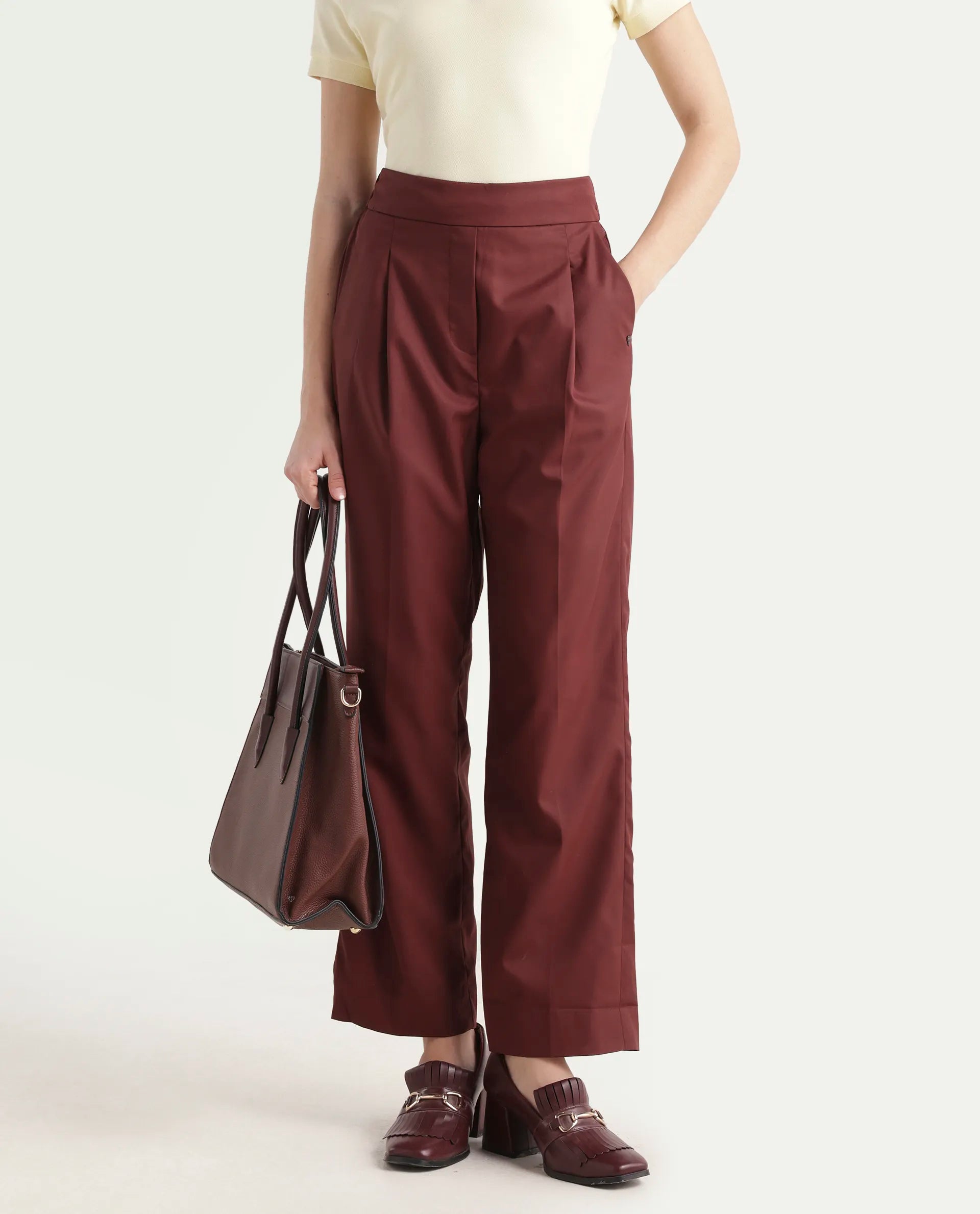 Rareism Women's Leezo Brown Polyester Blend Plain Ankle Length Straight Fit Trouser